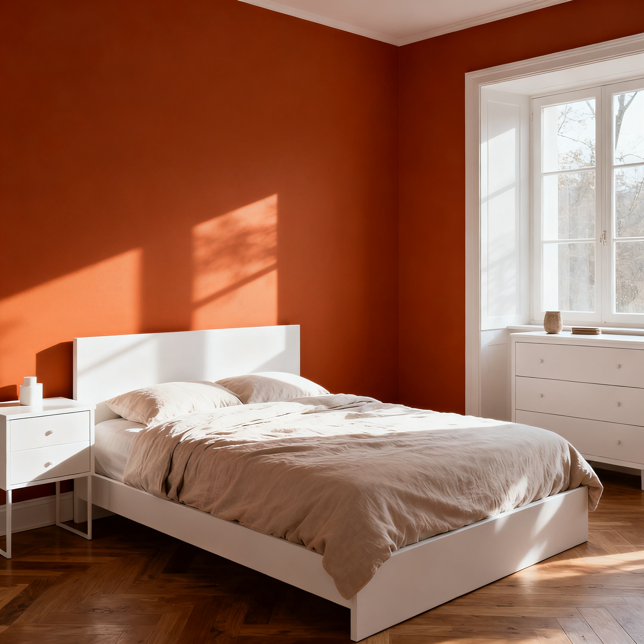 A bedroom wall painted in #FF6B35 (burnt orange) with white 