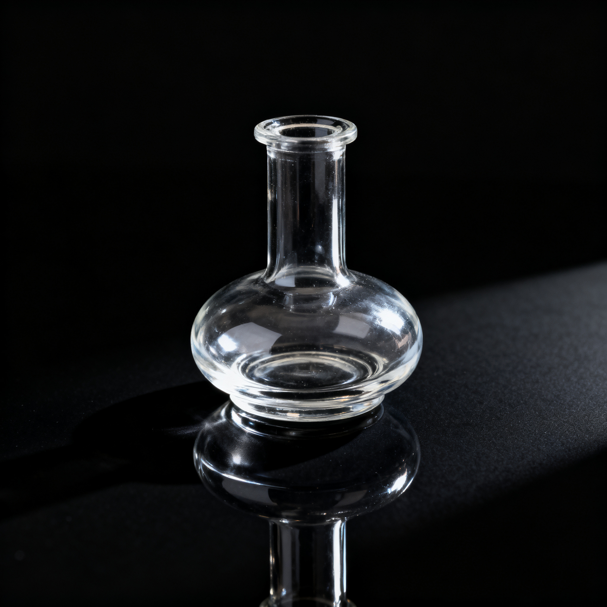 A clear glass perfume bottle on a reflective black surface w