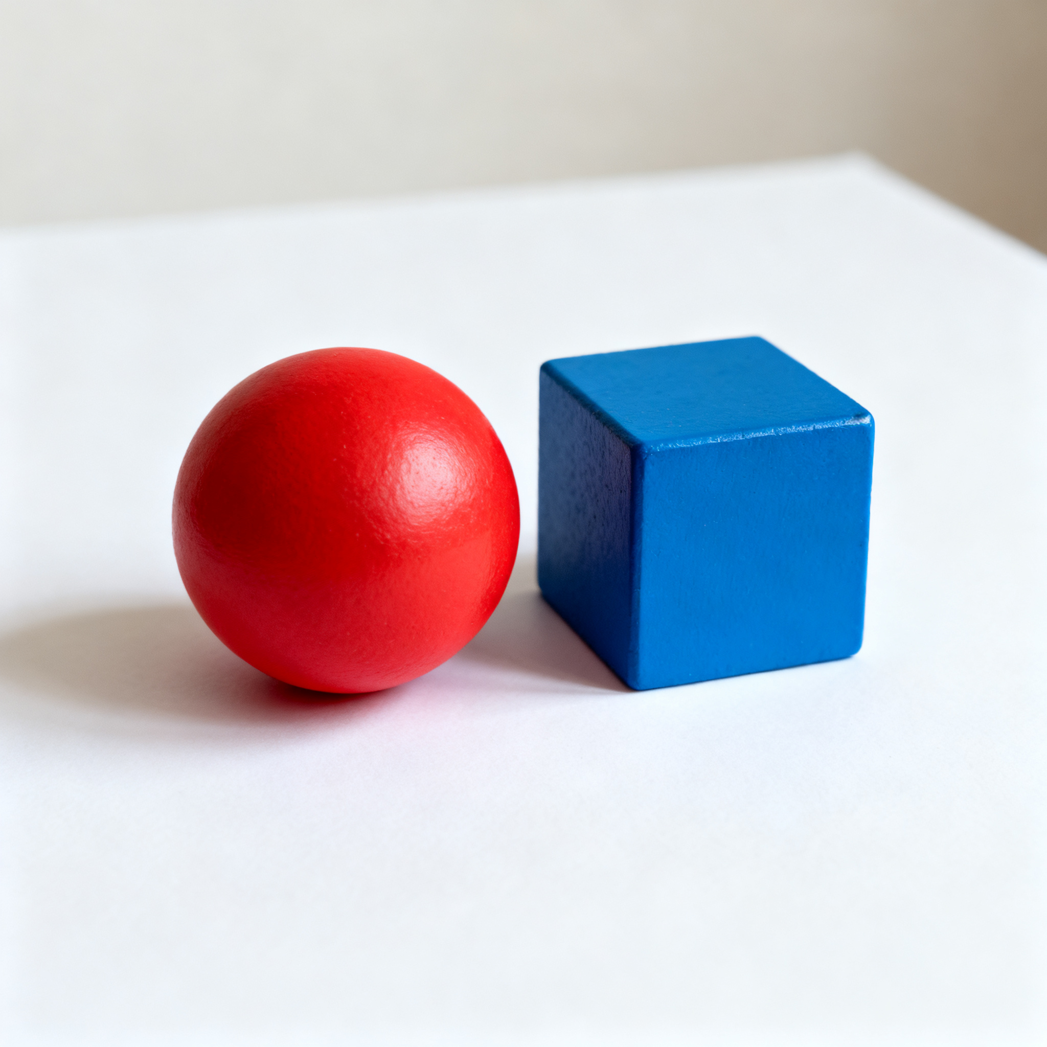 A red ball and a blue cube sitting side by side on a white s