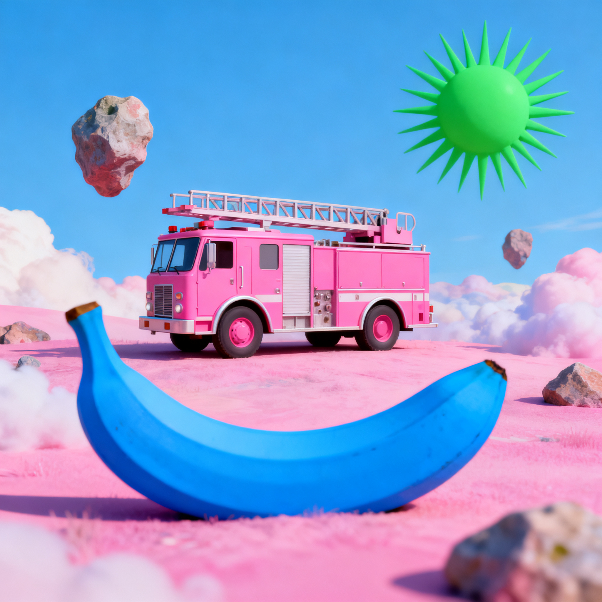 A pink fire truck, a blue banana, and a green sun in a surre