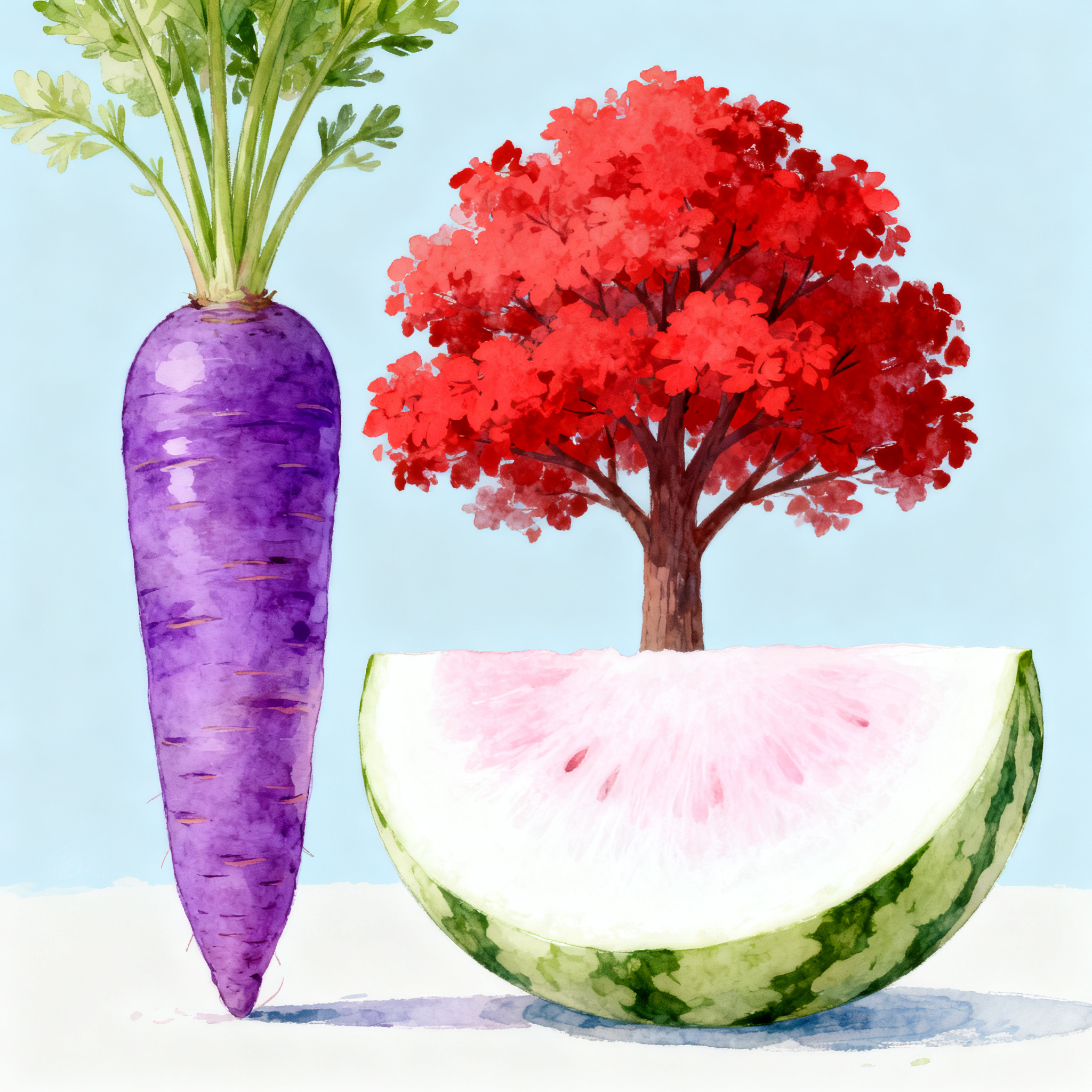 A purple carrot, a red tree with red leaves, and a white wat