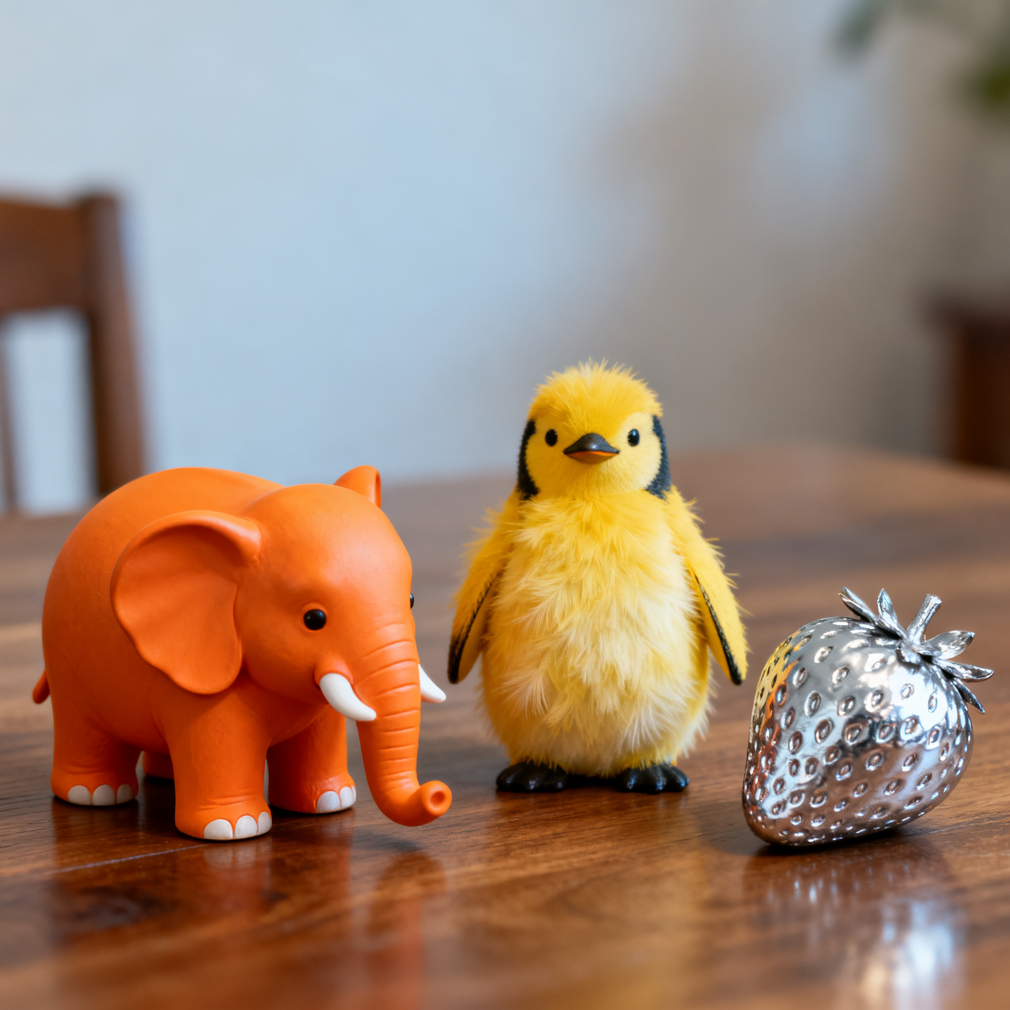 An orange elephant, a yellow penguin, and a silver strawberr
