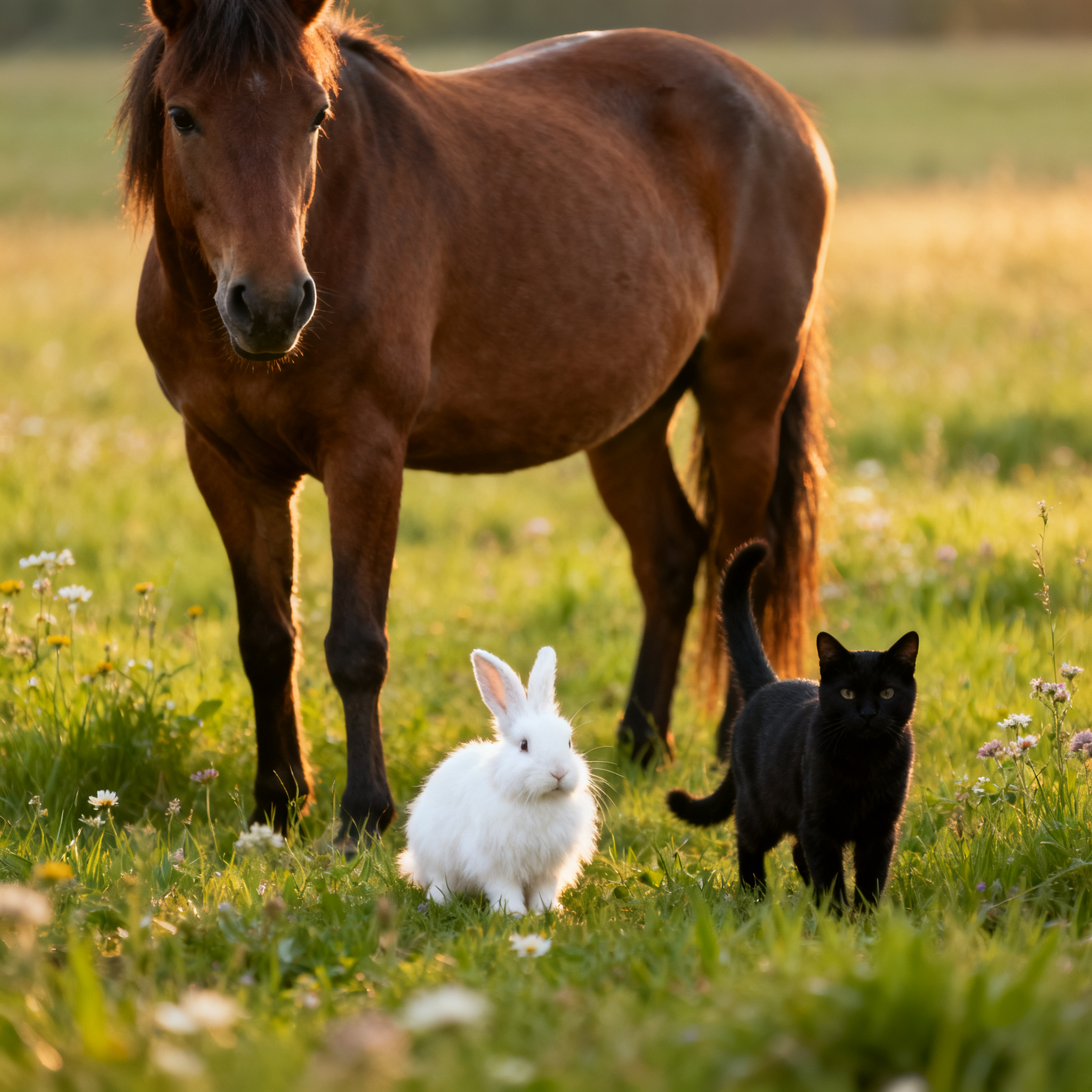 A big brown horse, a small white rabbit, and a medium-sized 