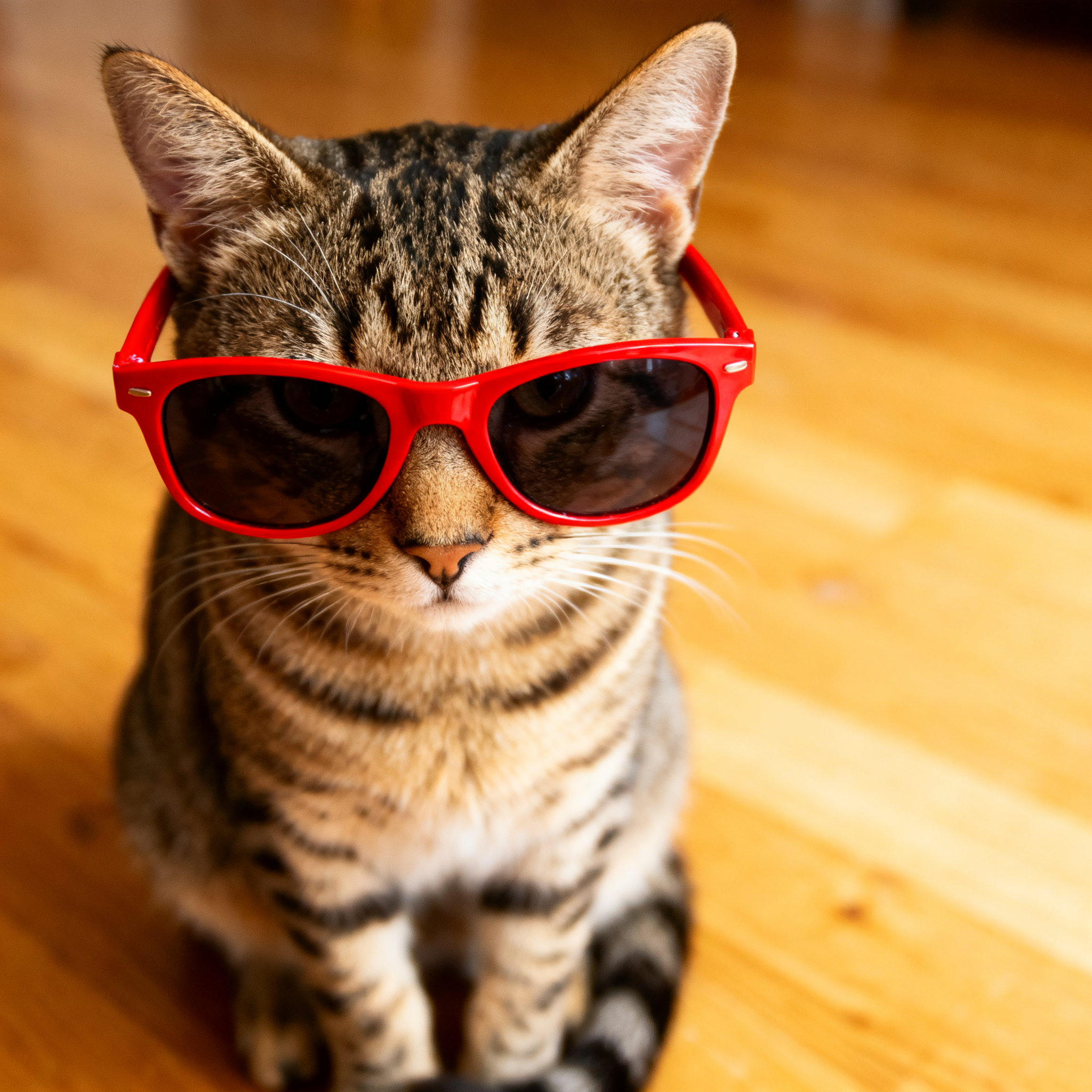 A tabby cat wearing oversized red sunglasses