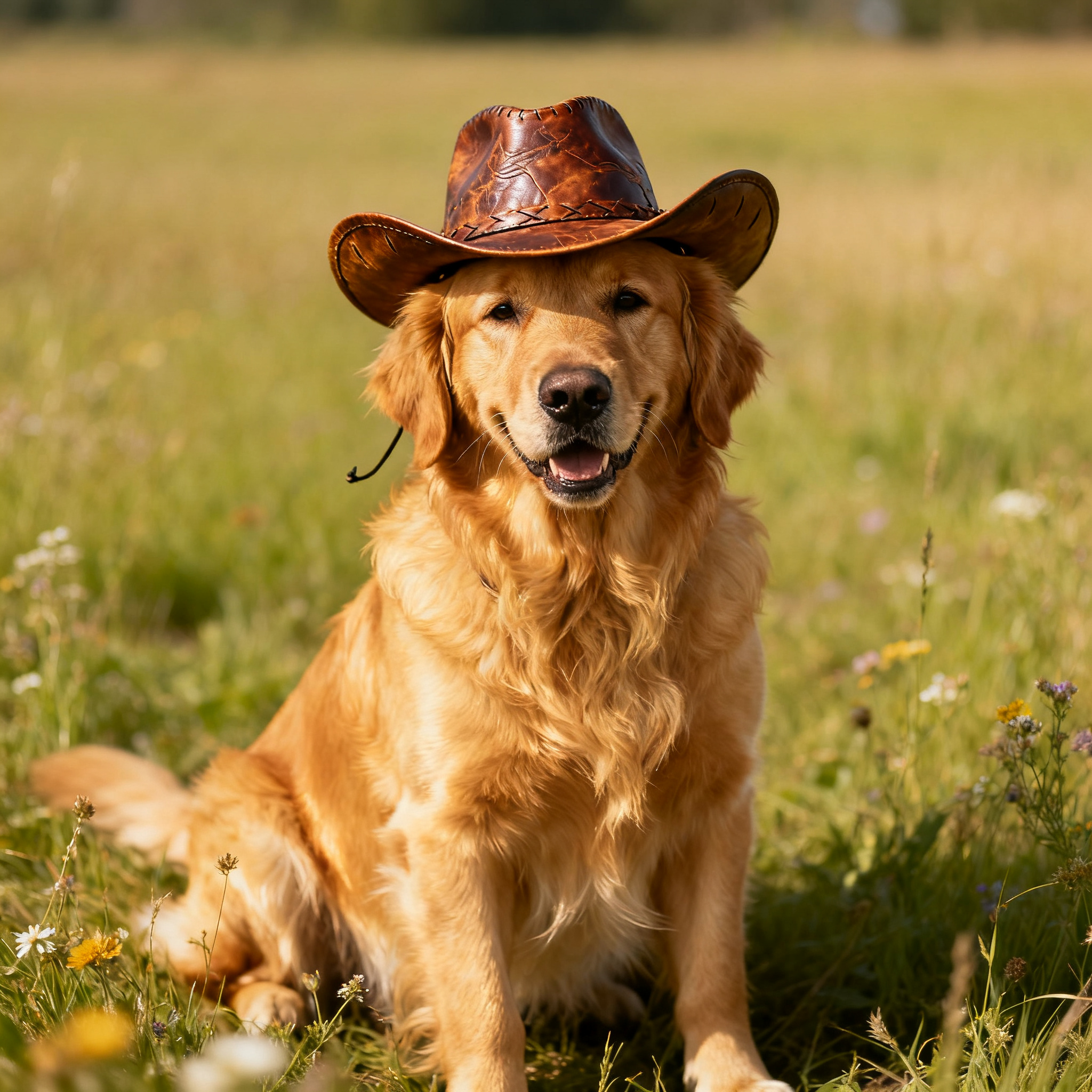A golden retriever wearing a tiny cowboy hat