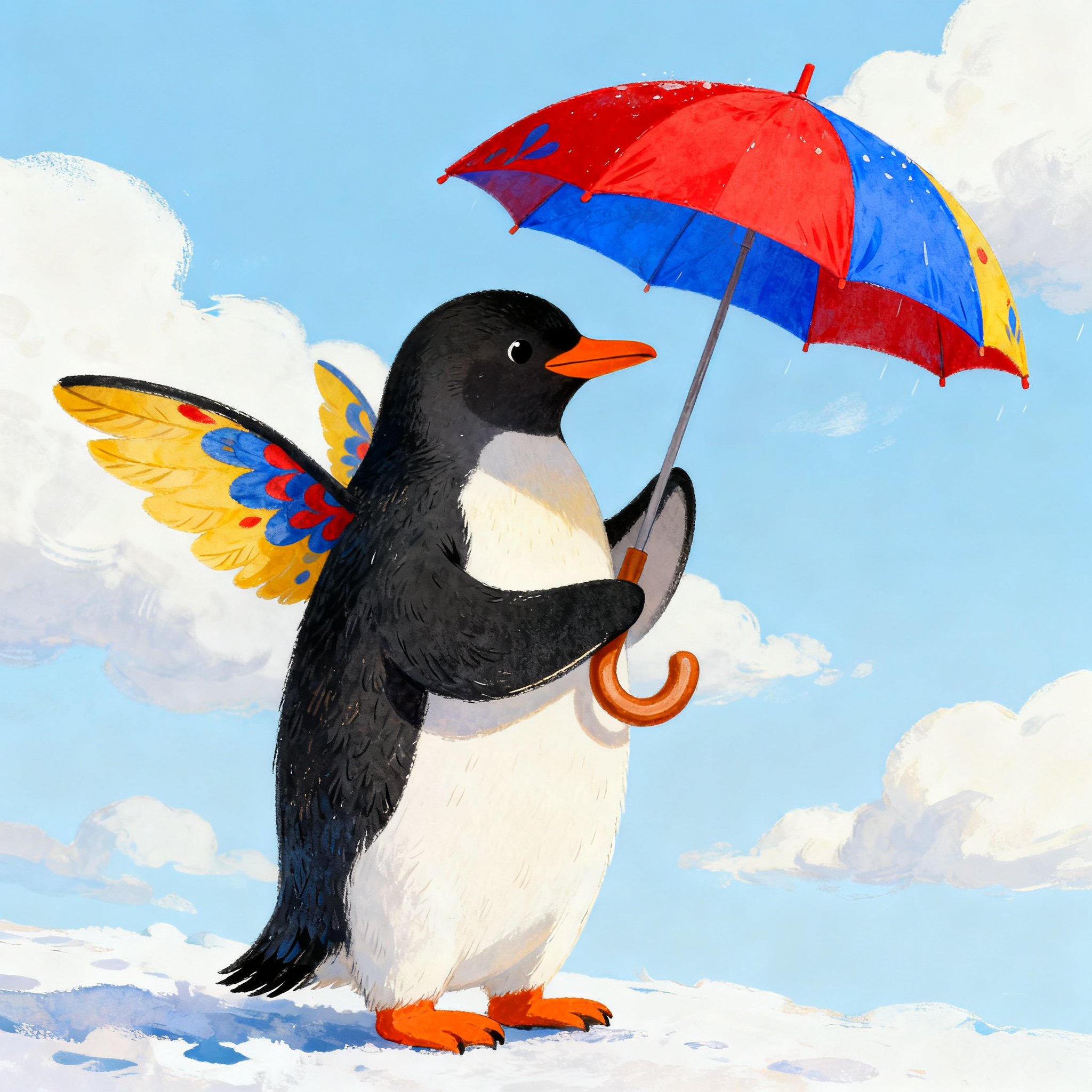 A penguin holding a colorful umbrella