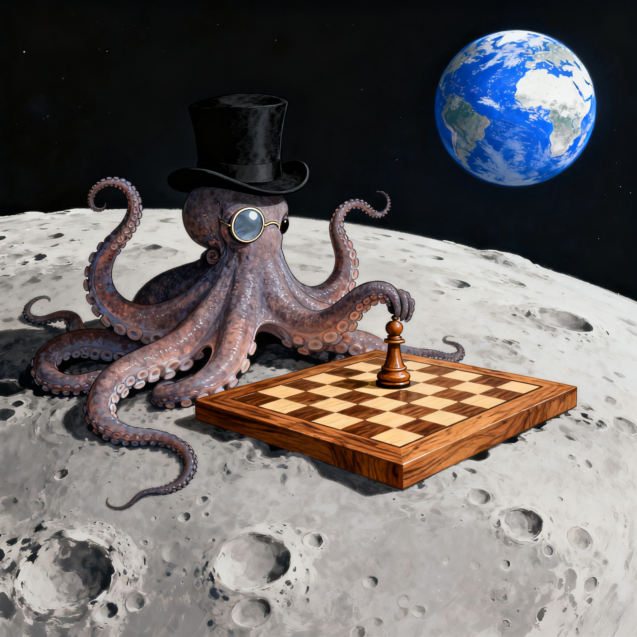 An octopus wearing a top hat and monocle playing chess on th