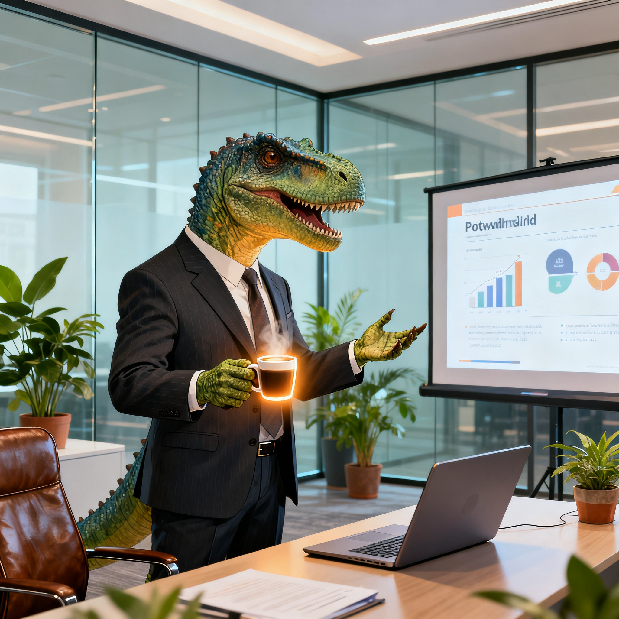 A dinosaur in a business suit giving a PowerPoint presentati