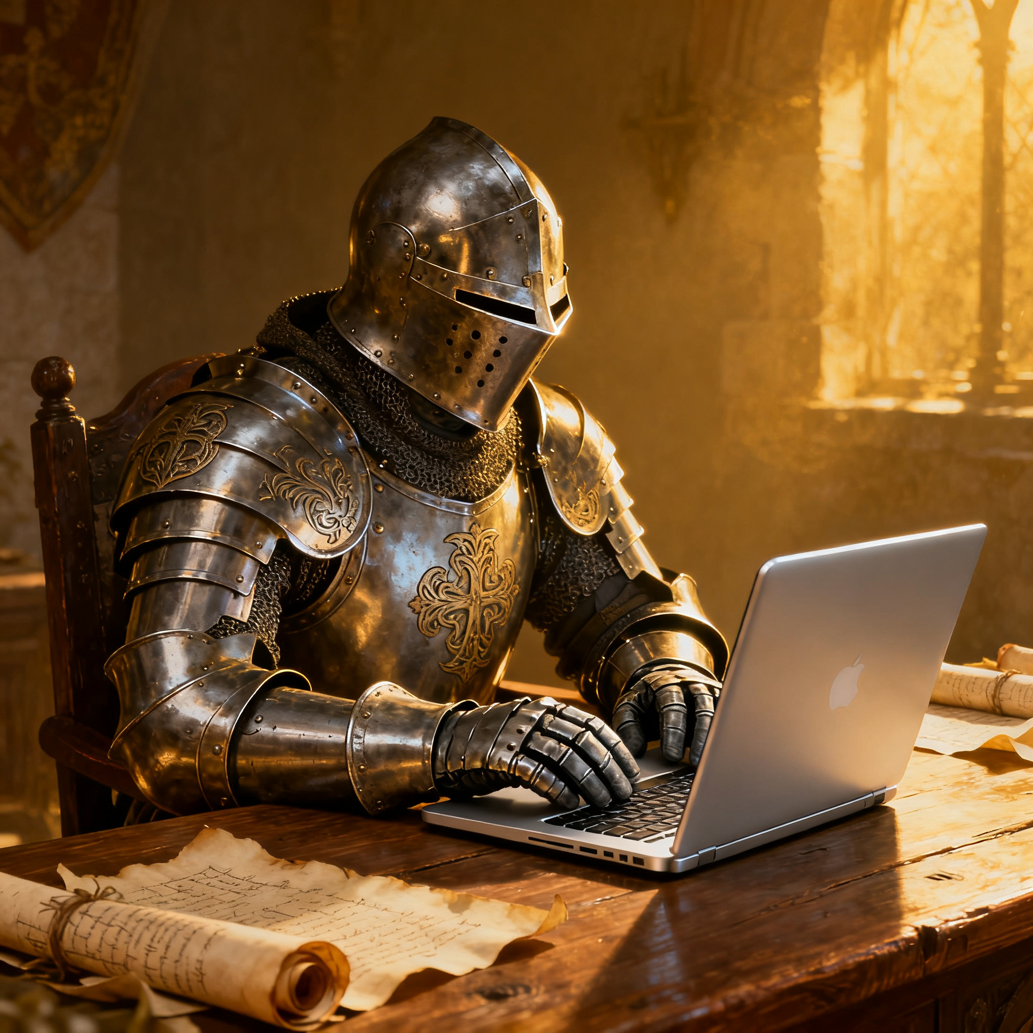 A medieval knight in full armor sitting at a desk typing on 
