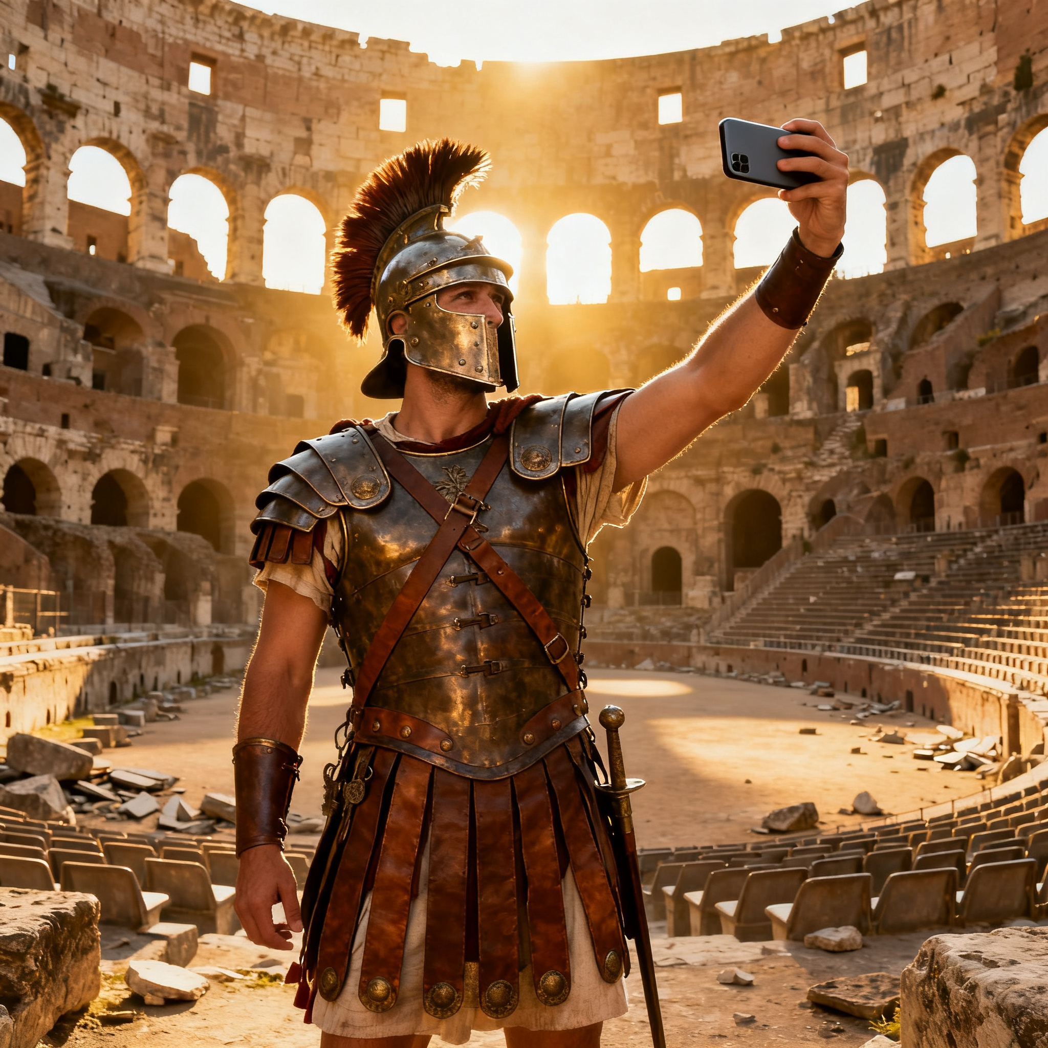 A Roman gladiator taking a selfie with a smartphone in the C