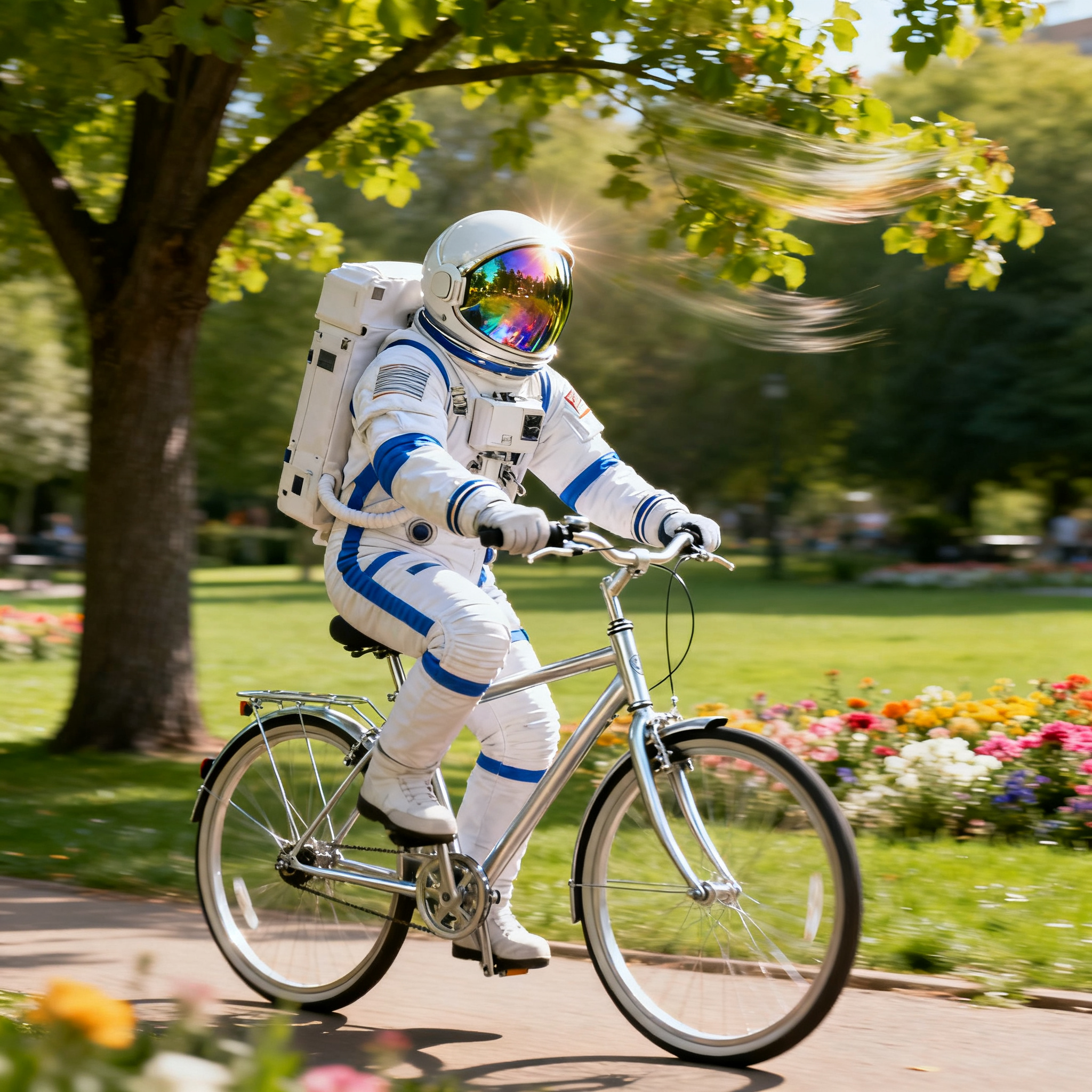 An astronaut in a spacesuit riding a bicycle through a park