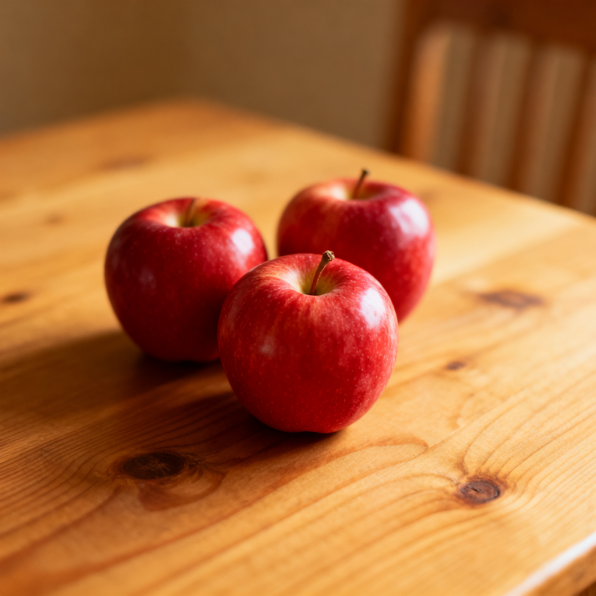 Exactly 3 red apples arranged on a wooden table