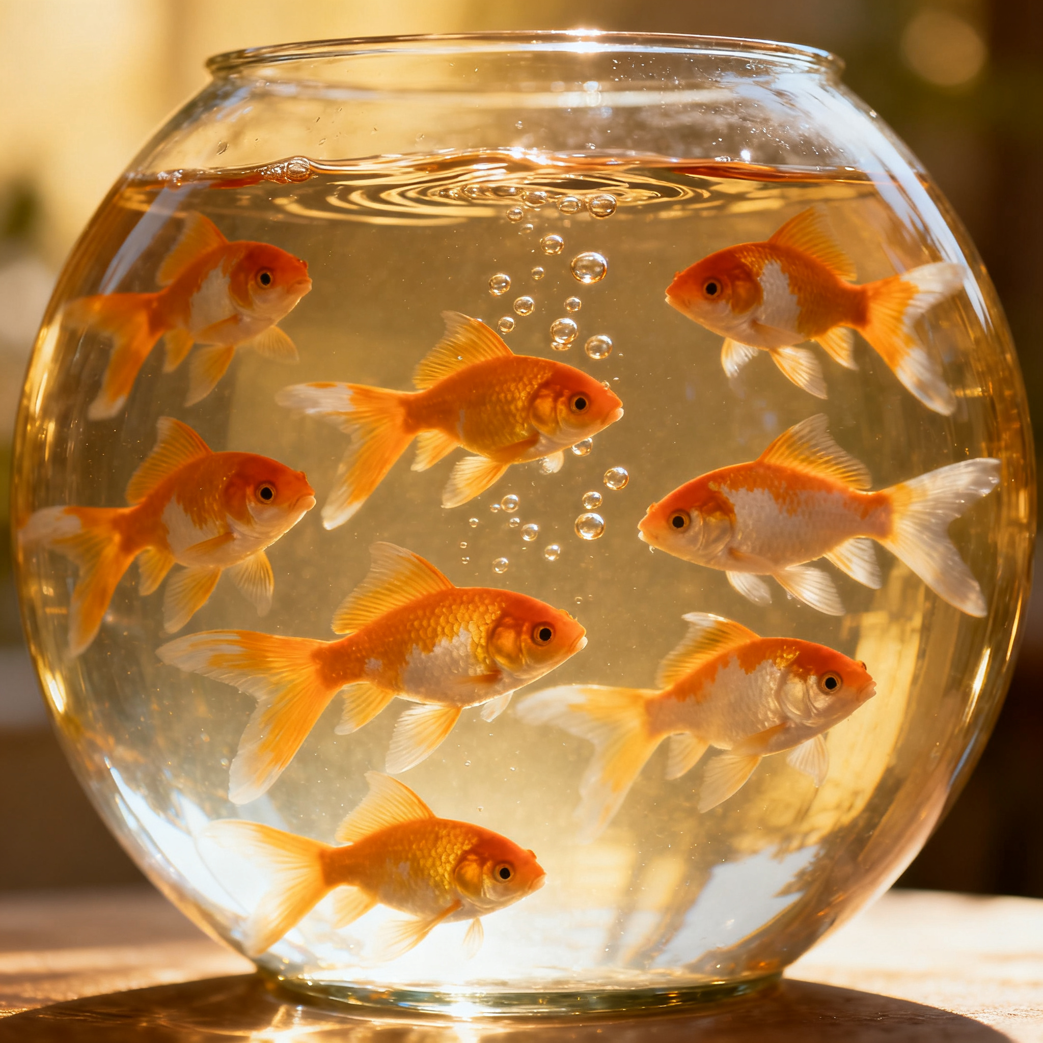 Exactly 9 goldfish swimming in a large round fishbowl
