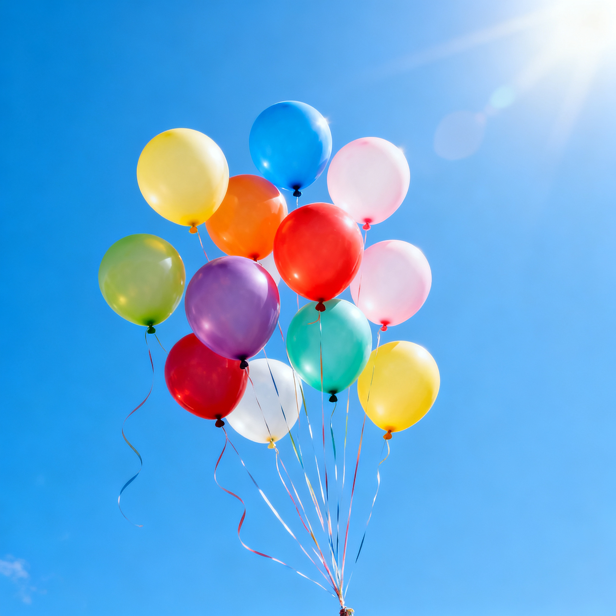 Exactly 11 colorful balloons floating against a clear blue s