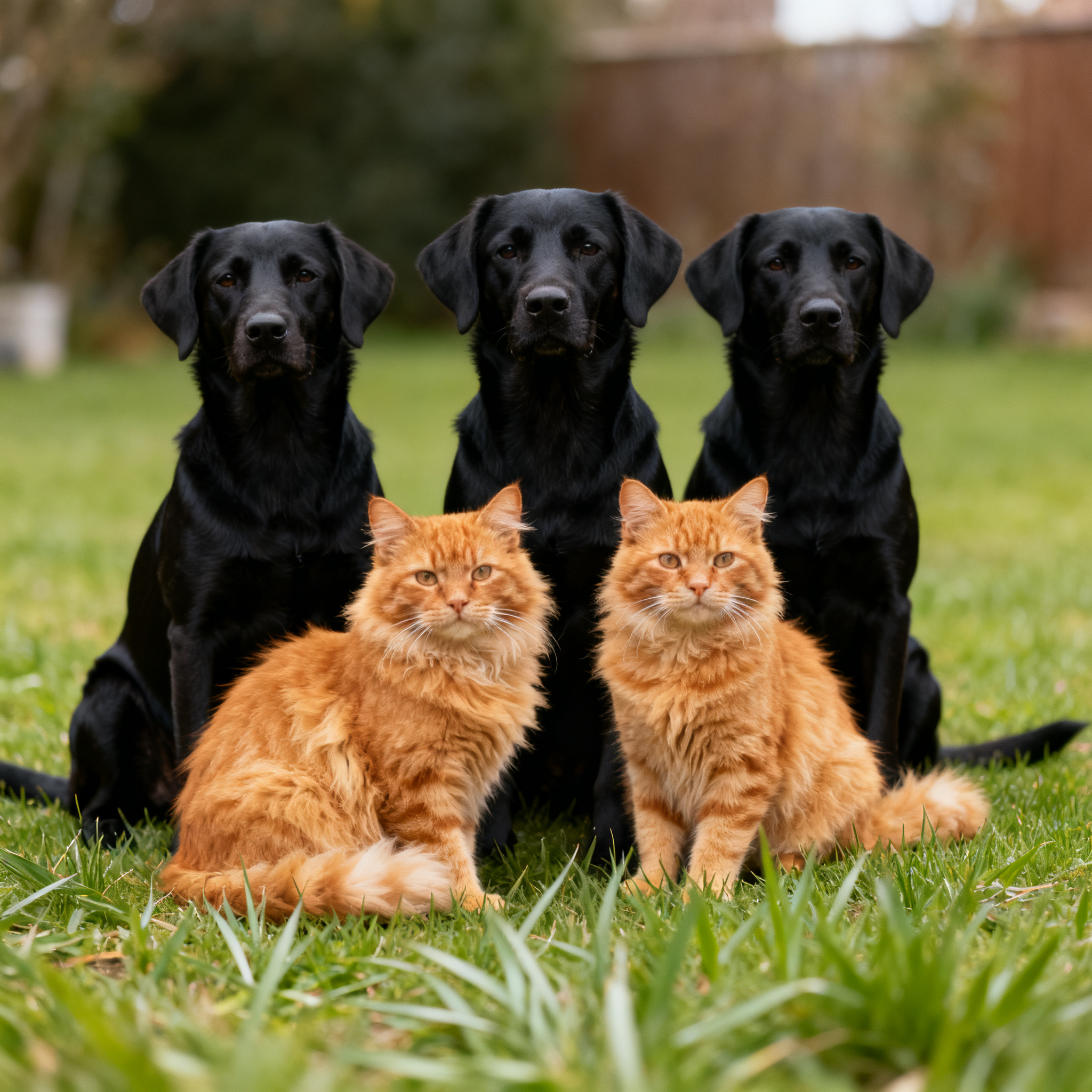 2 orange cats and 3 black dogs sitting together on a grassy 