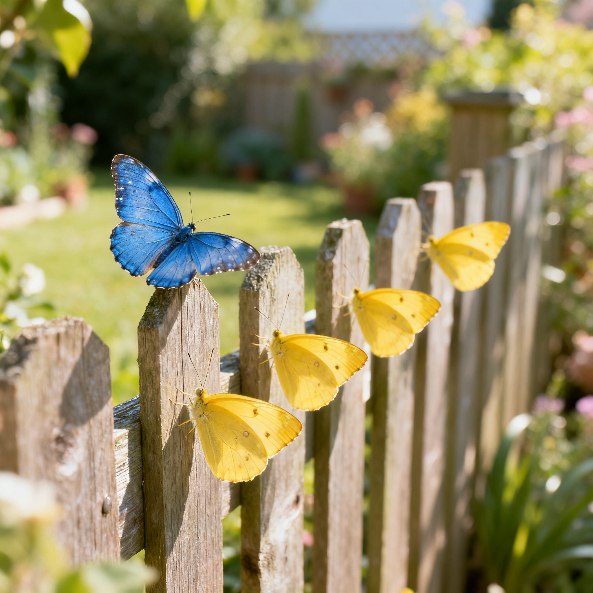 1 blue butterfly and 3 yellow butterflies resting on a garde
