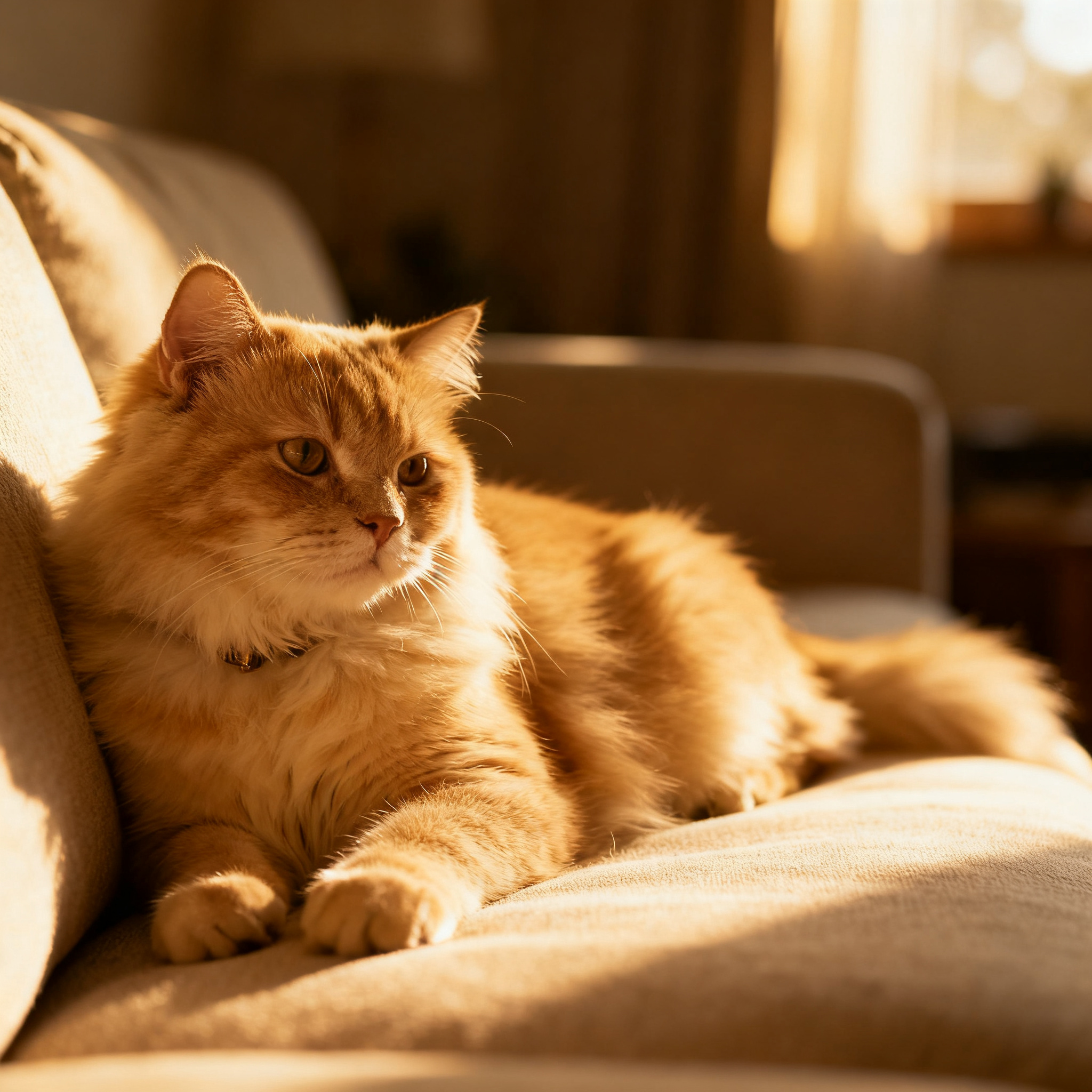 A cat lying on a couch without a collar