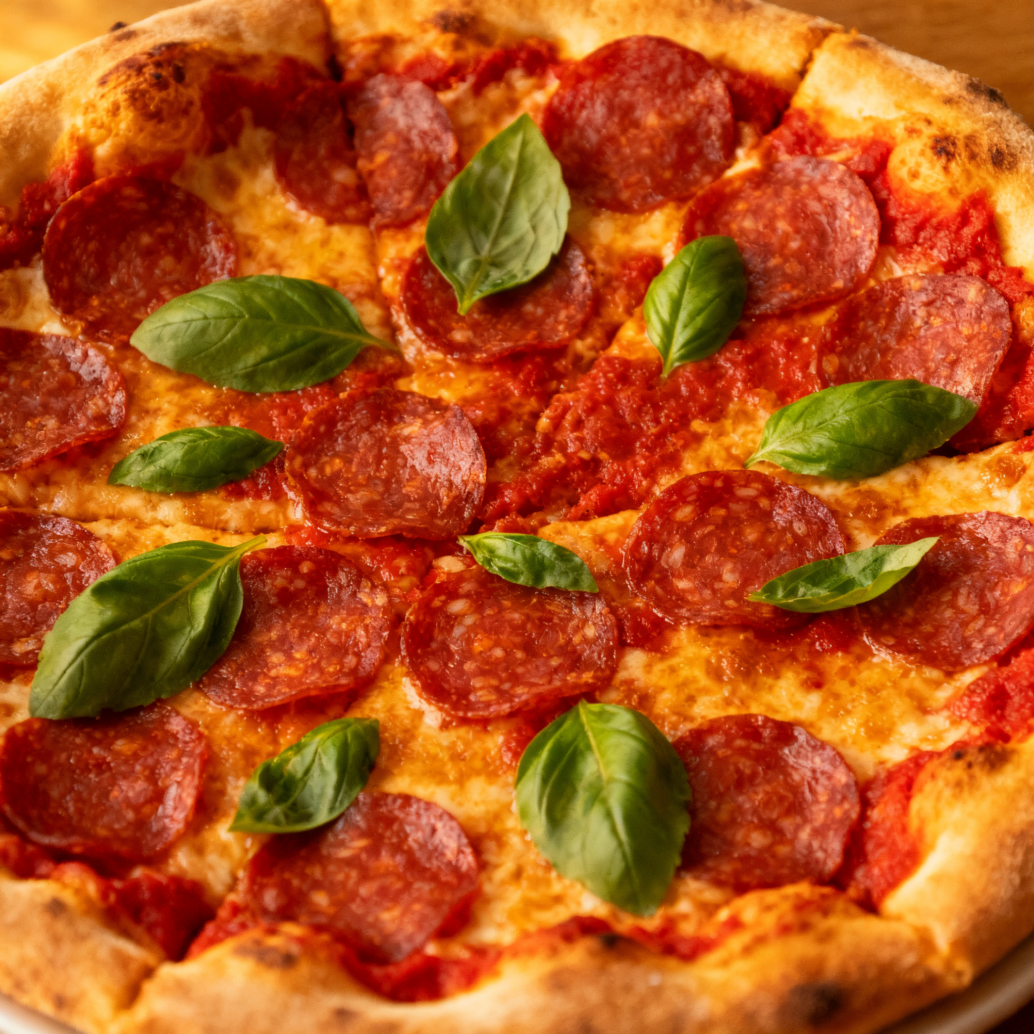 A pepperoni pizza with tomato sauce, basil, and crust but ab