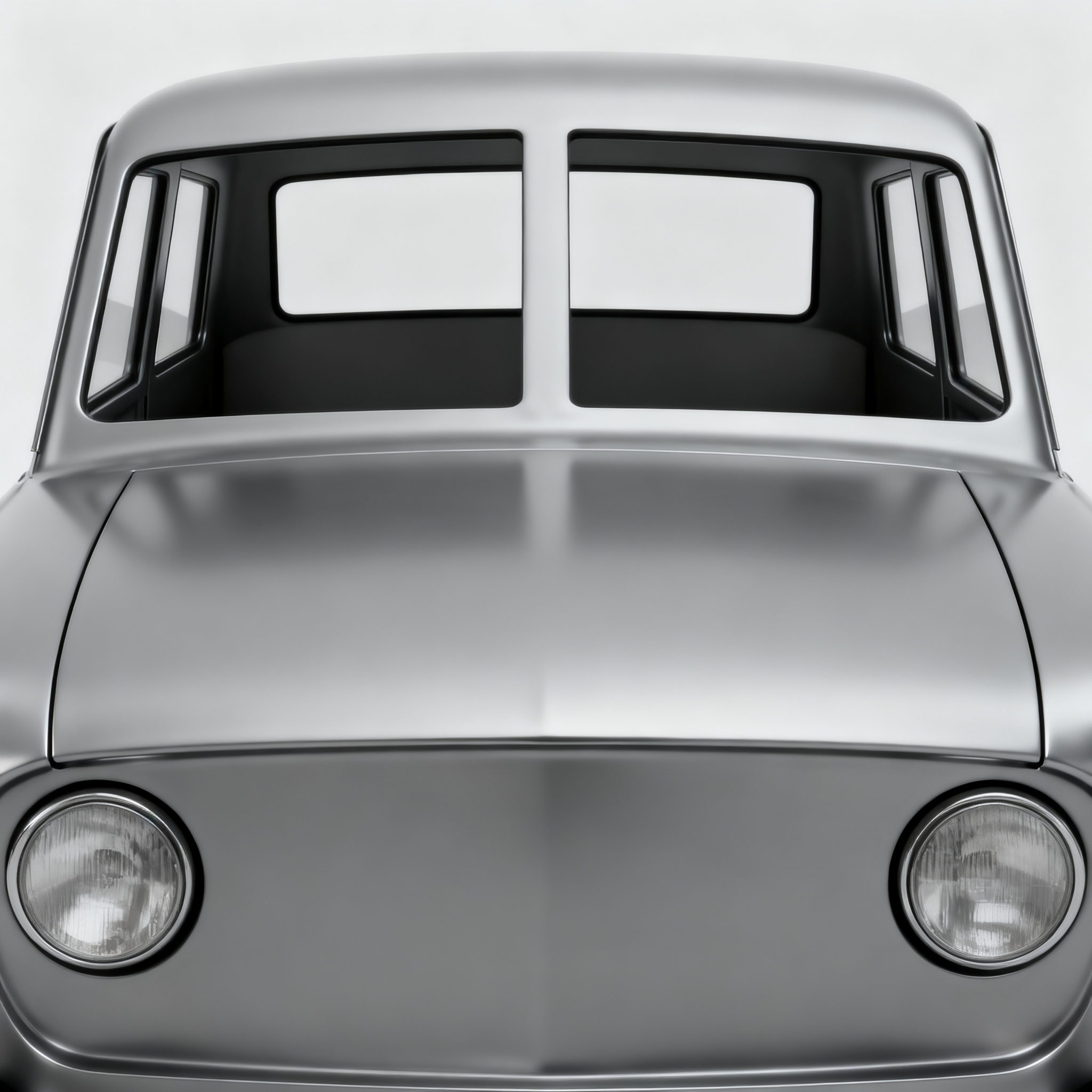 A car body with windows, doors, and headlights but no wheels