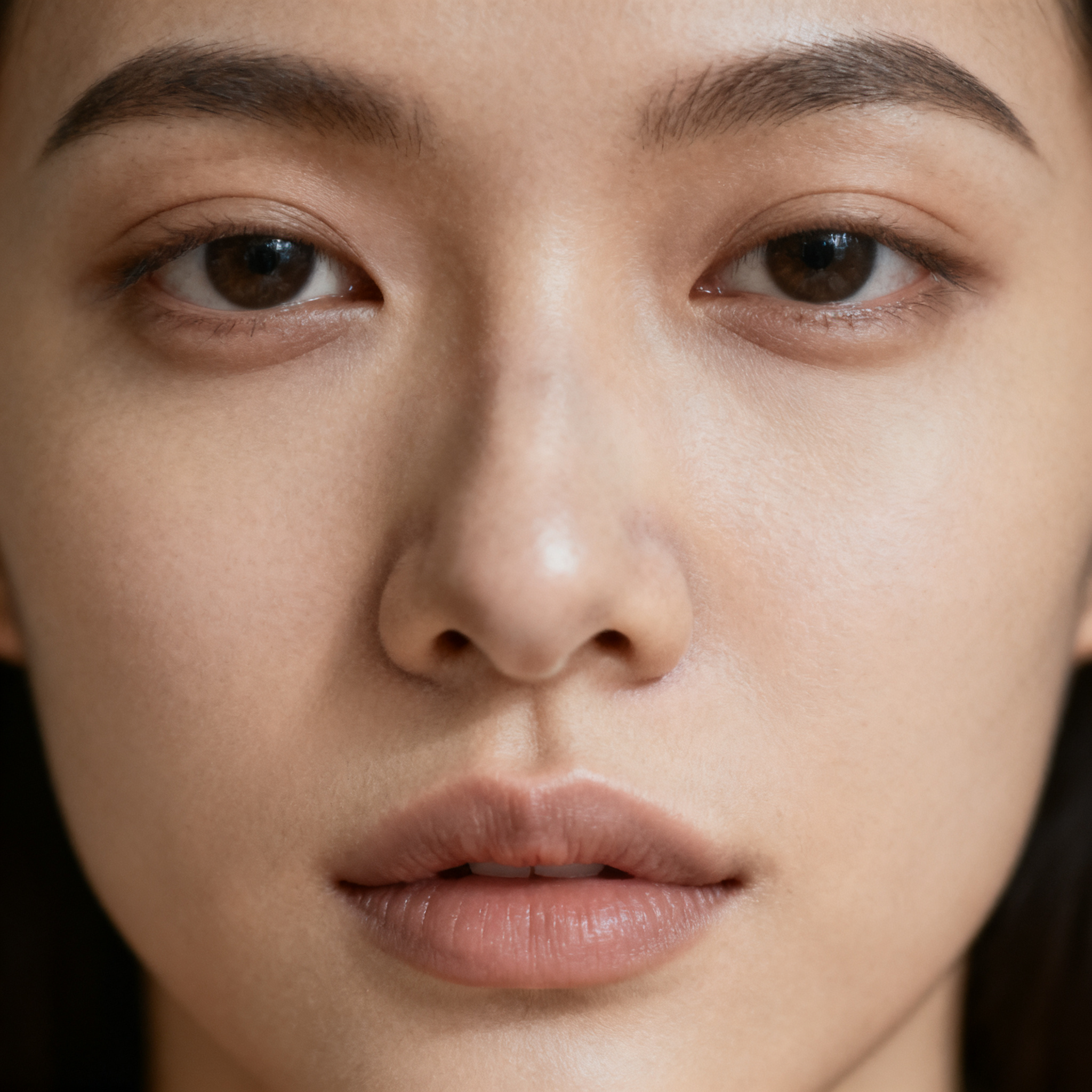 A human face with eyes, nose, and mouth but no eyebrows