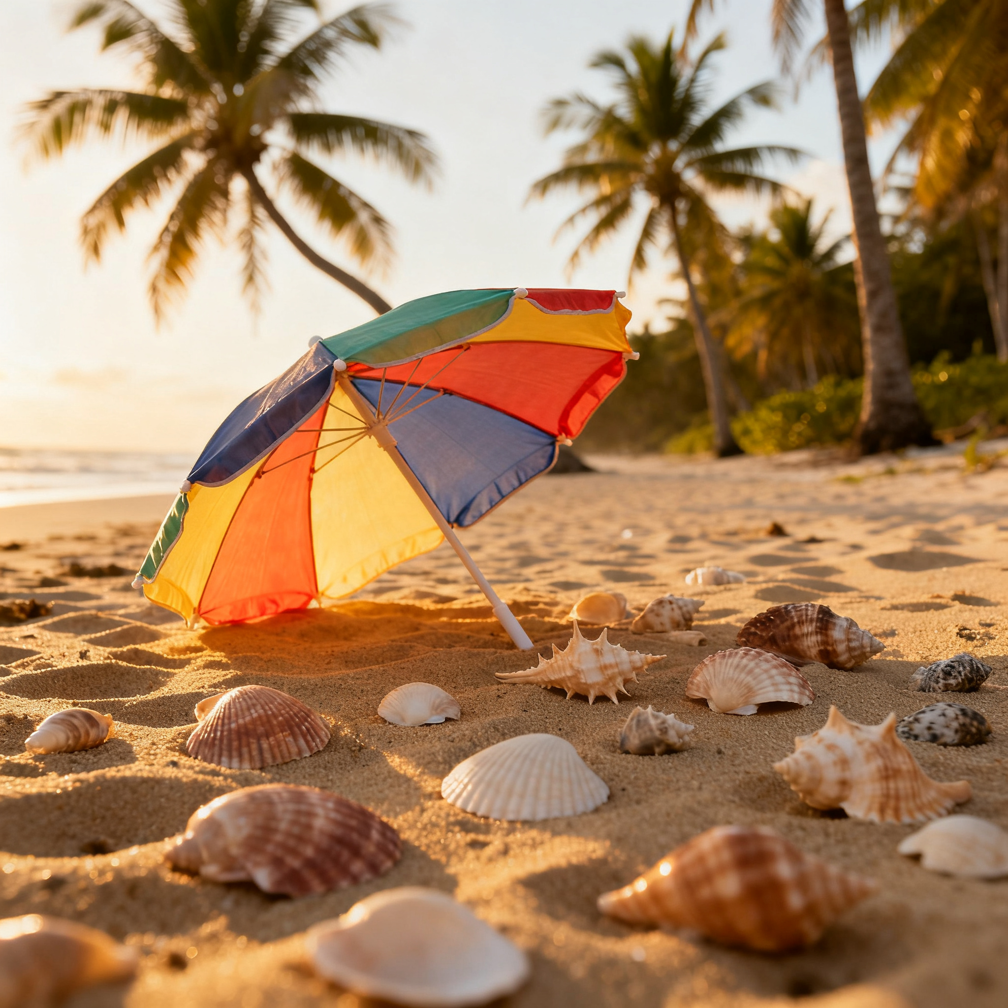 A sandy beach with palm trees, seashells, and a beach umbrel