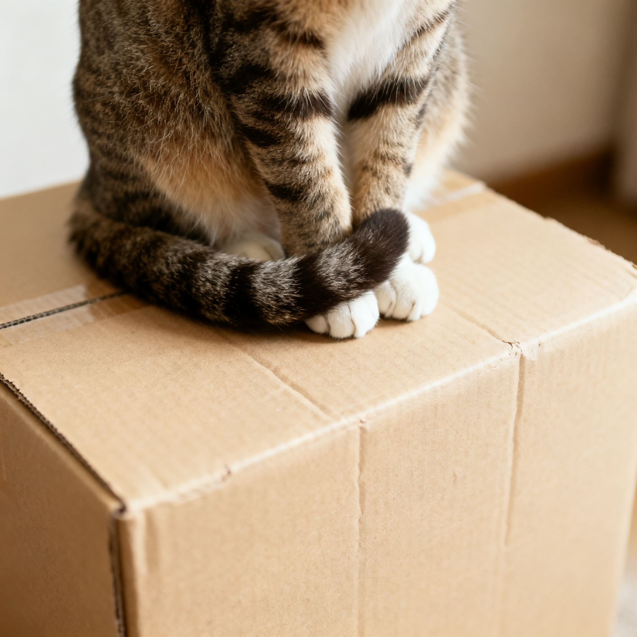 A cat sitting on top of a cardboard box