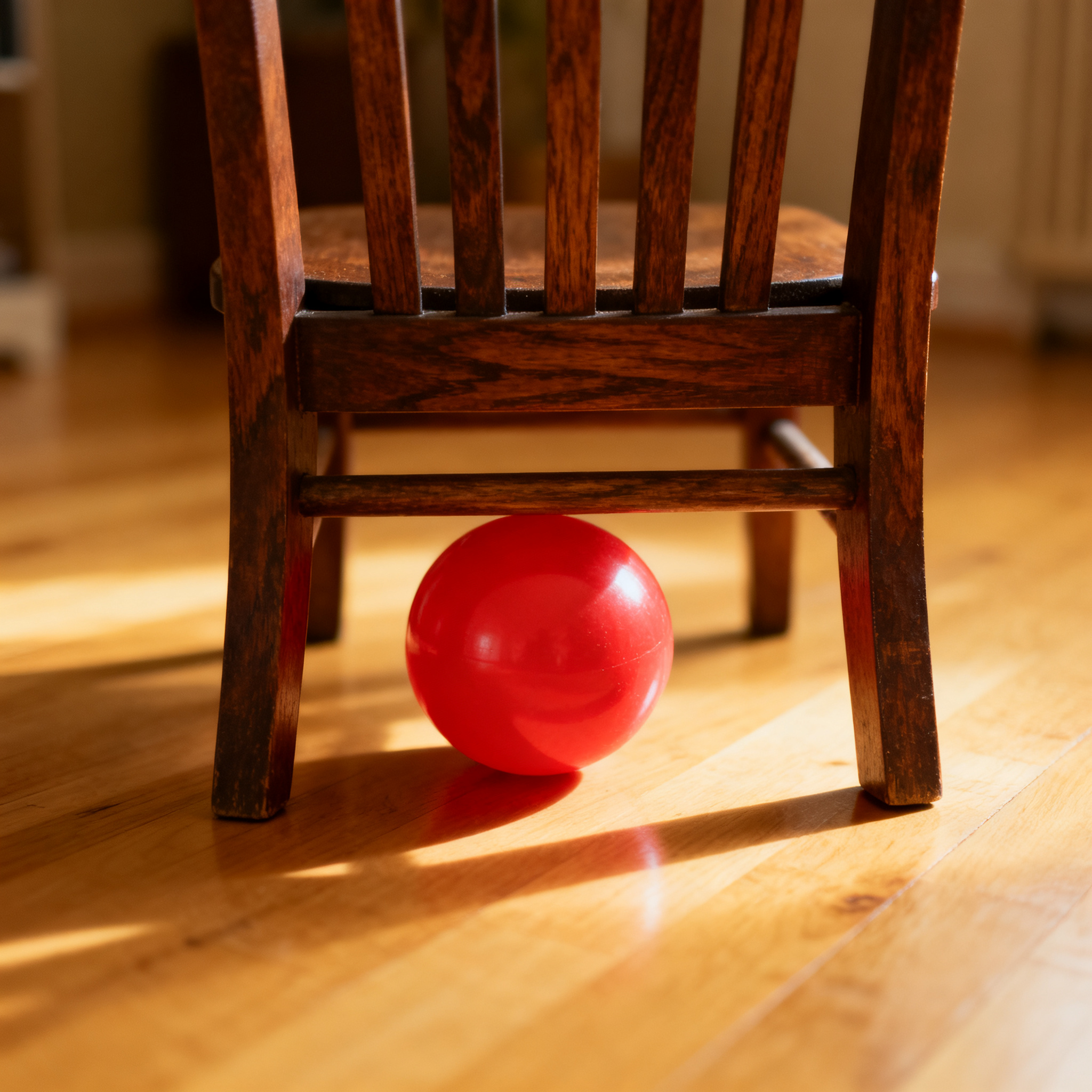 A red ball underneath a wooden chair