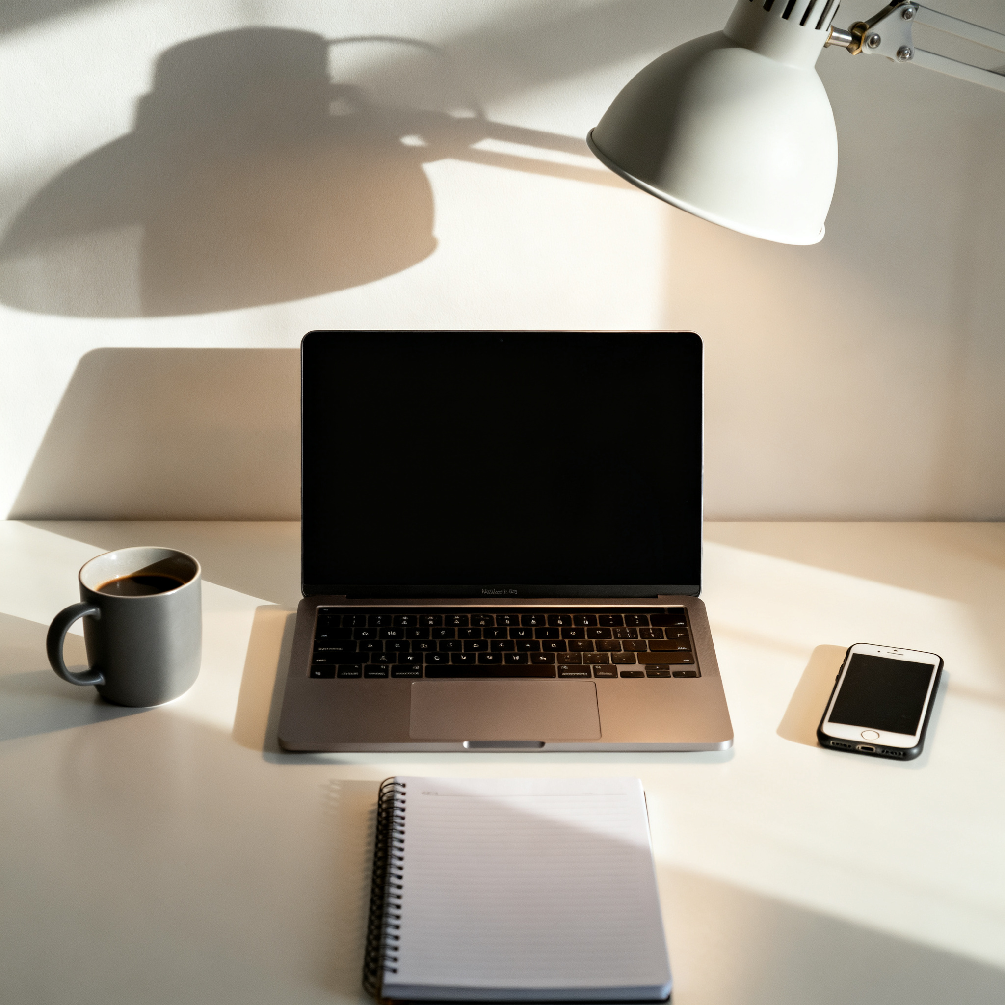 A desk scene: laptop in the center, coffee mug to the left, 
