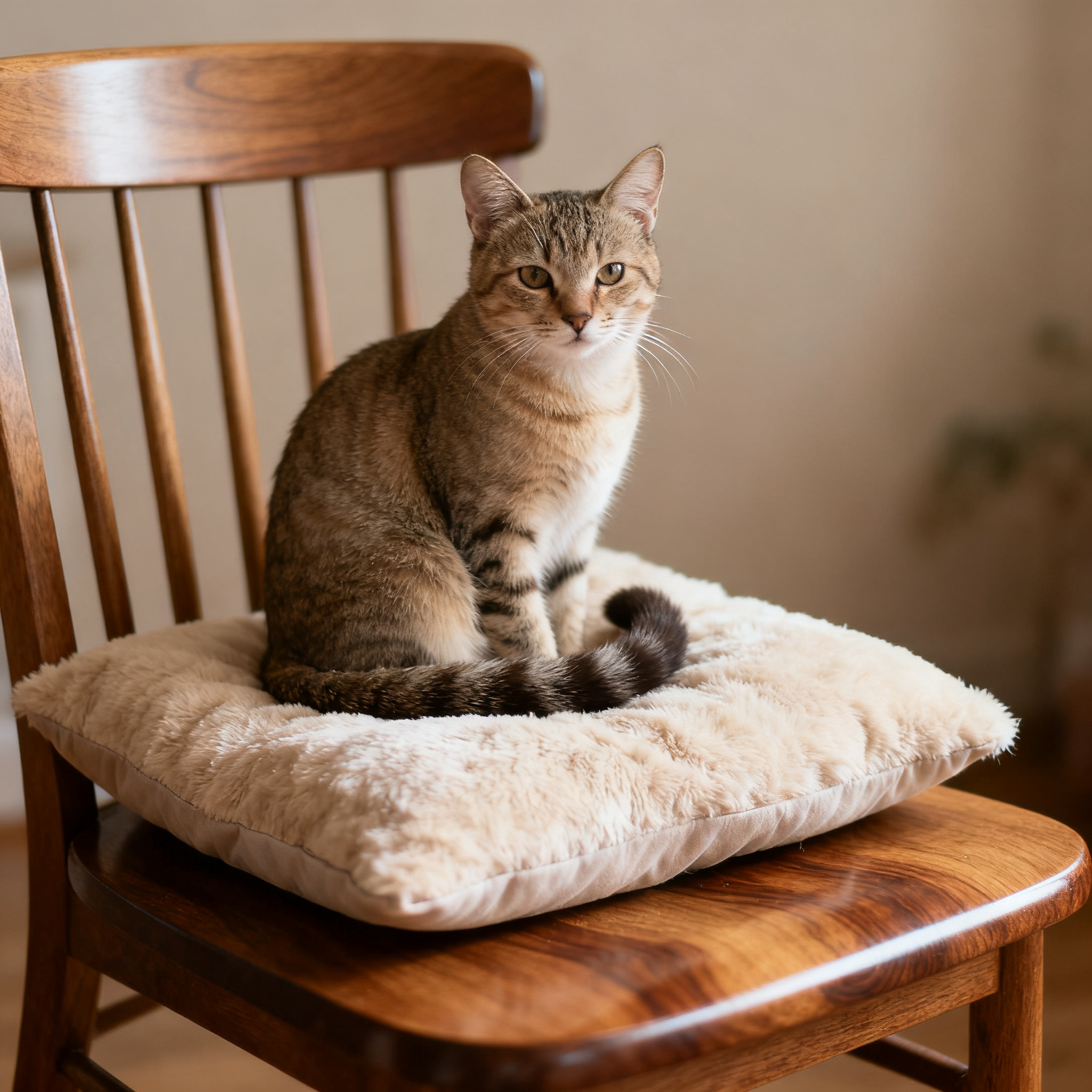 A cat sitting on a pillow, the pillow placed on a wooden cha