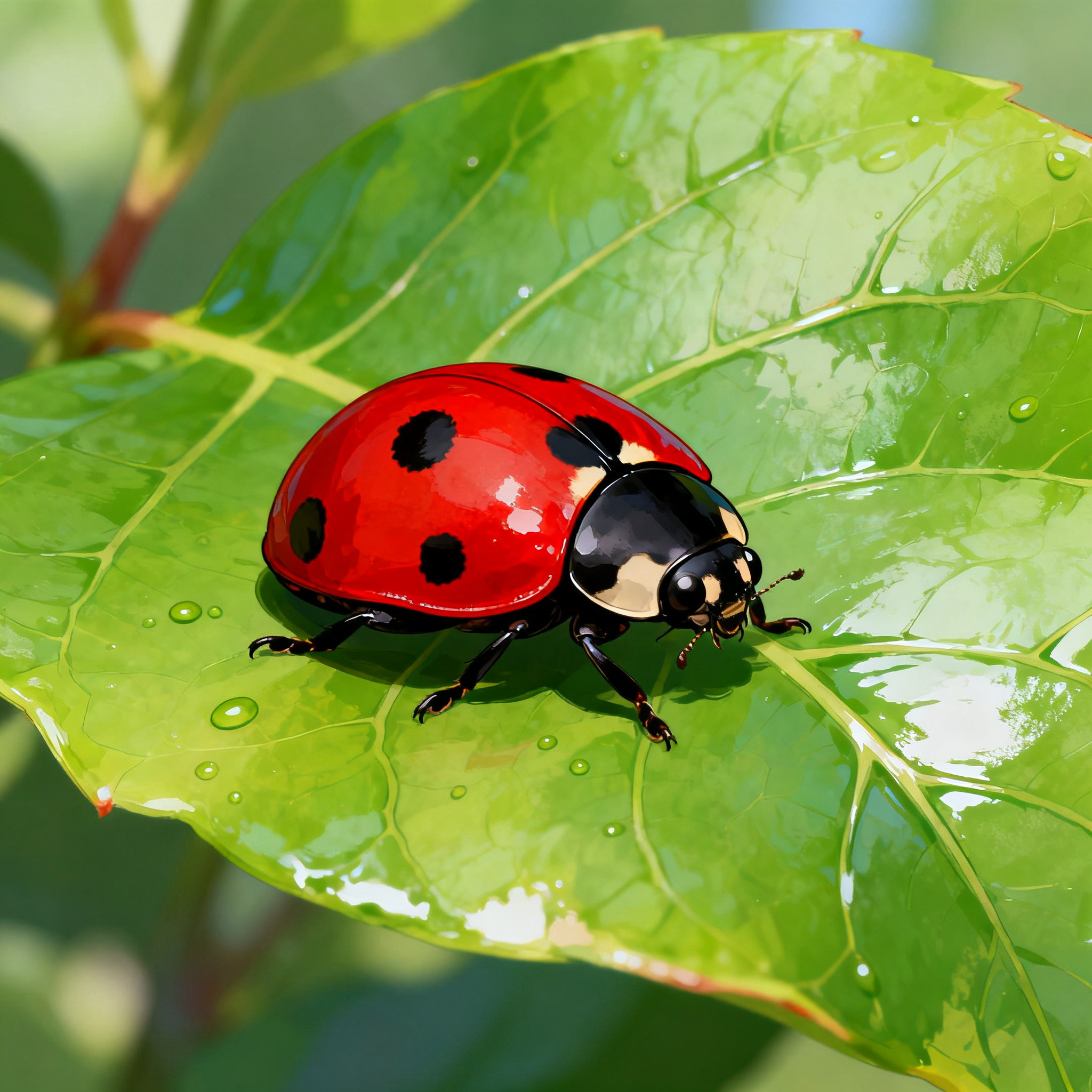 A ladybug sitting on a large green leaf, shown at realistic 