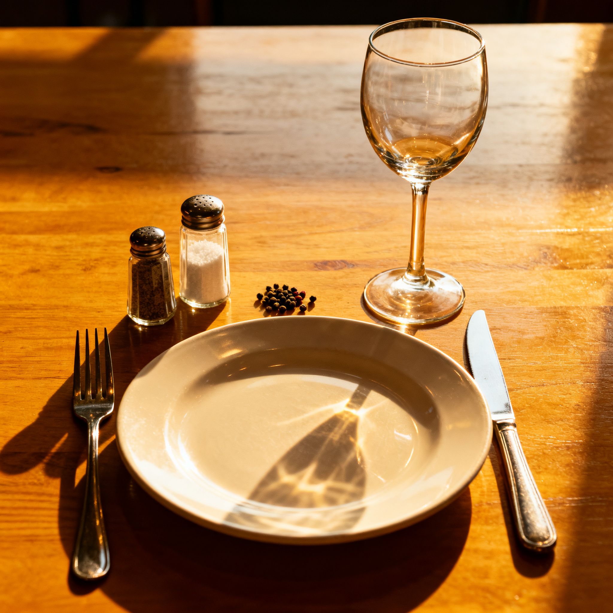 A dinner table scene with a plate, fork, knife, wine glass, 
