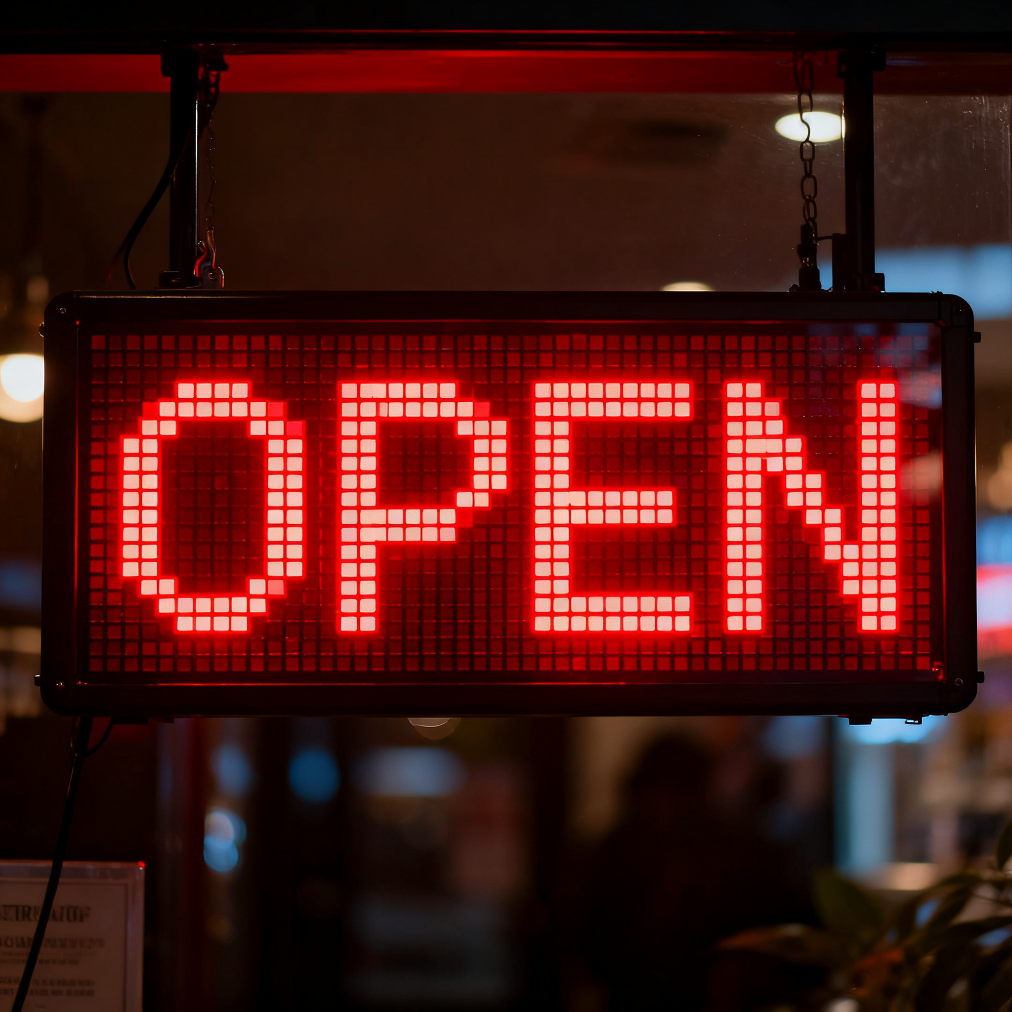 The word 'OPEN' displayed on a red LED sign with glowing pix
