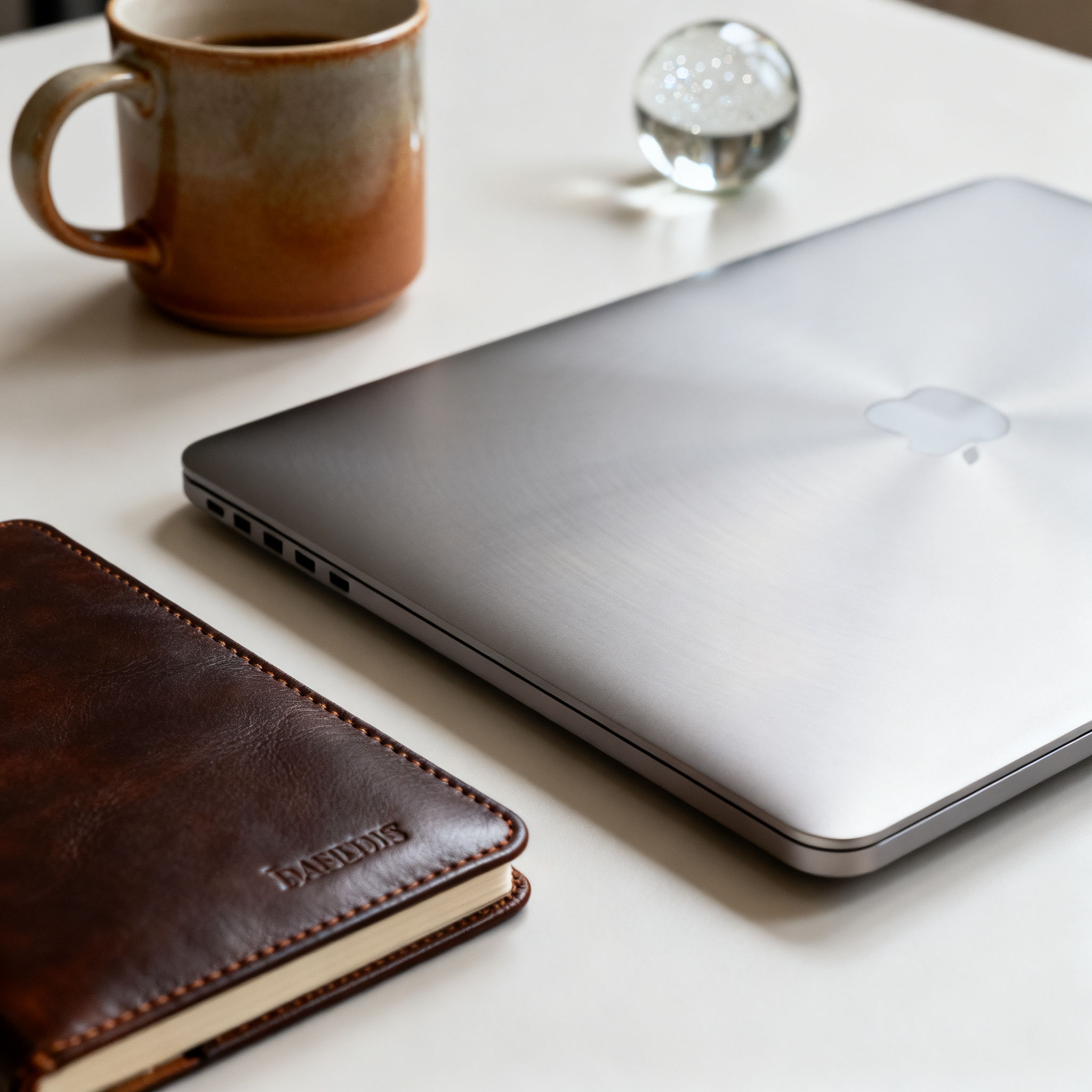A workspace desk with a brushed aluminum laptop, a leather-b