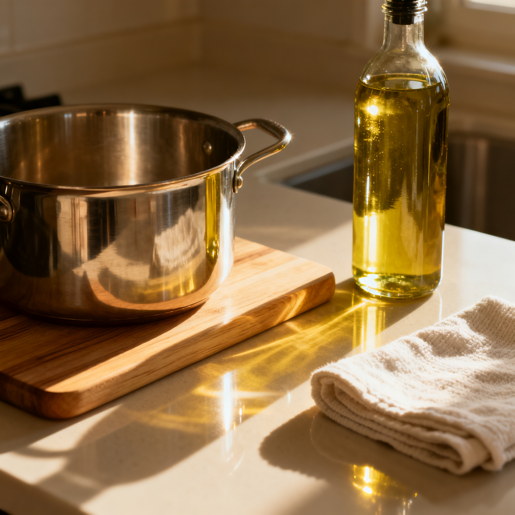 A kitchen counter with a stainless steel pot, a wooden cutti