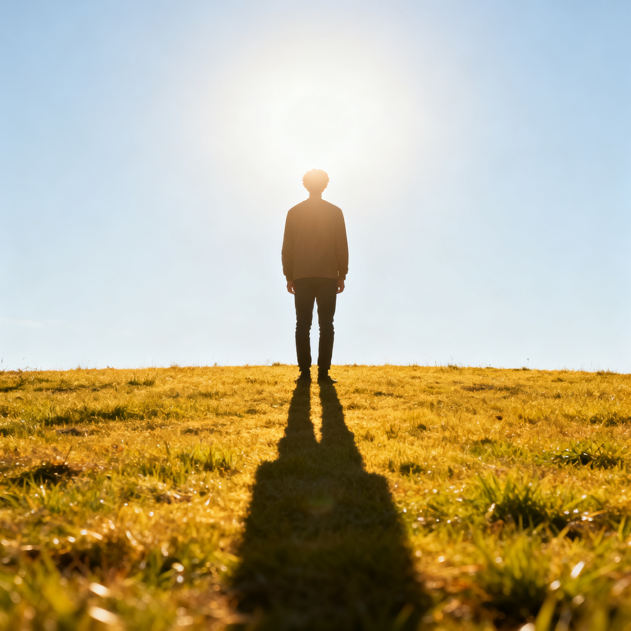 A person standing outdoors at midday with a short shadow dir