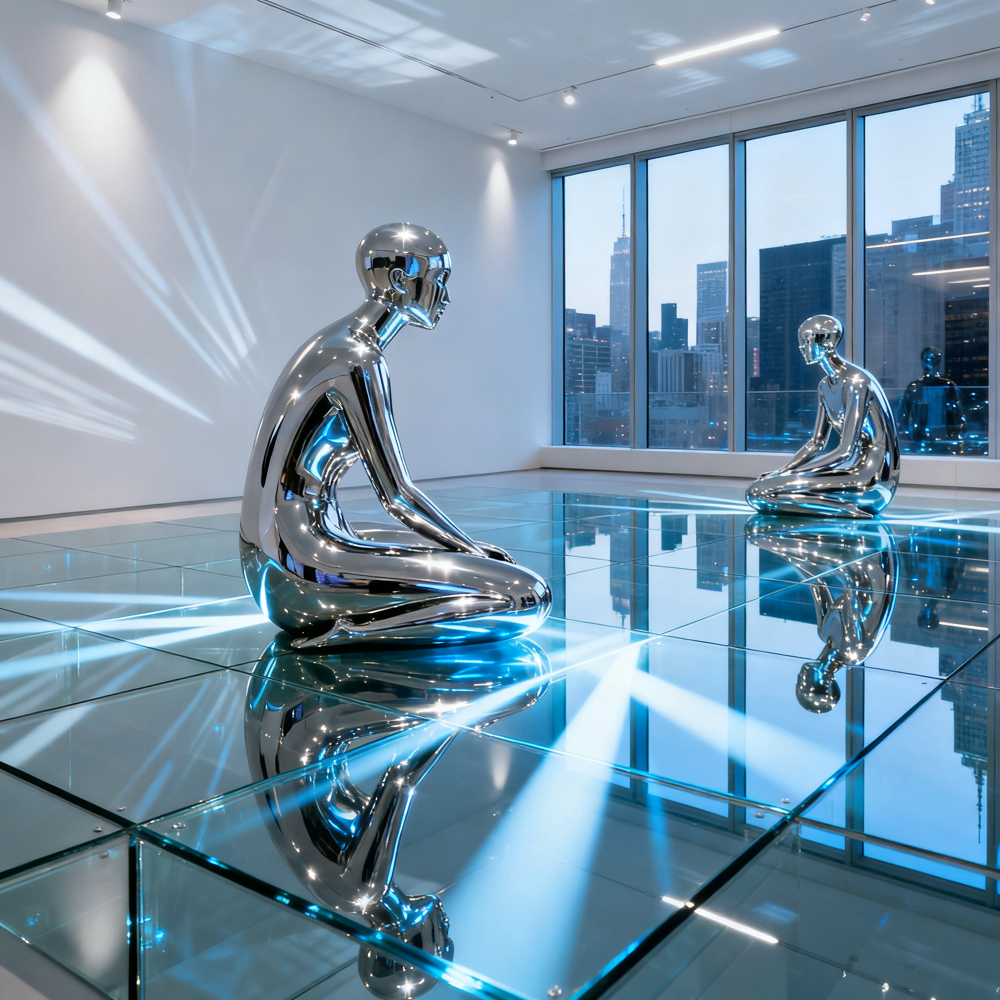 A chrome sculpture in a room with a glass floor and large wi
