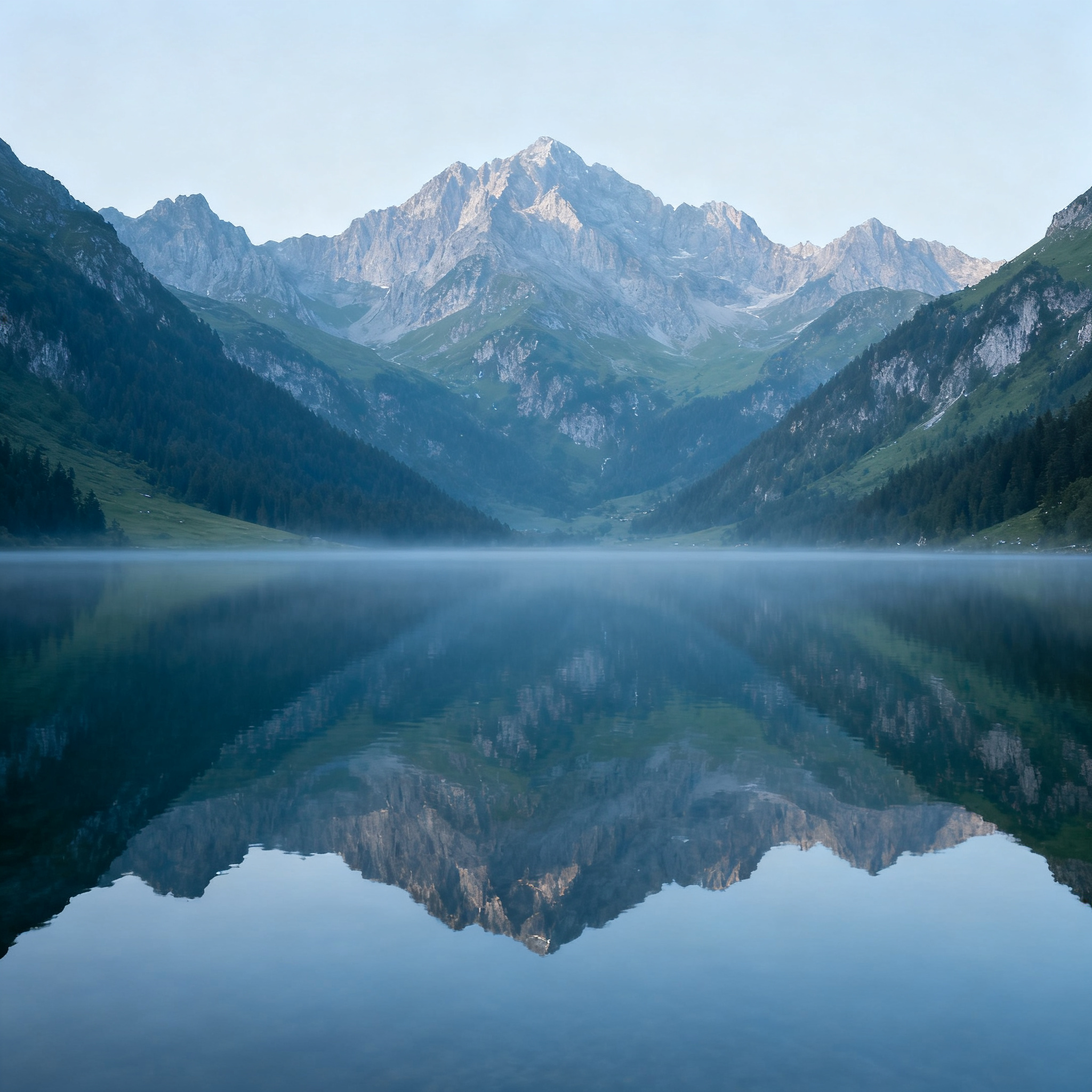 A mountain range reflected in a still alpine lake, with the 