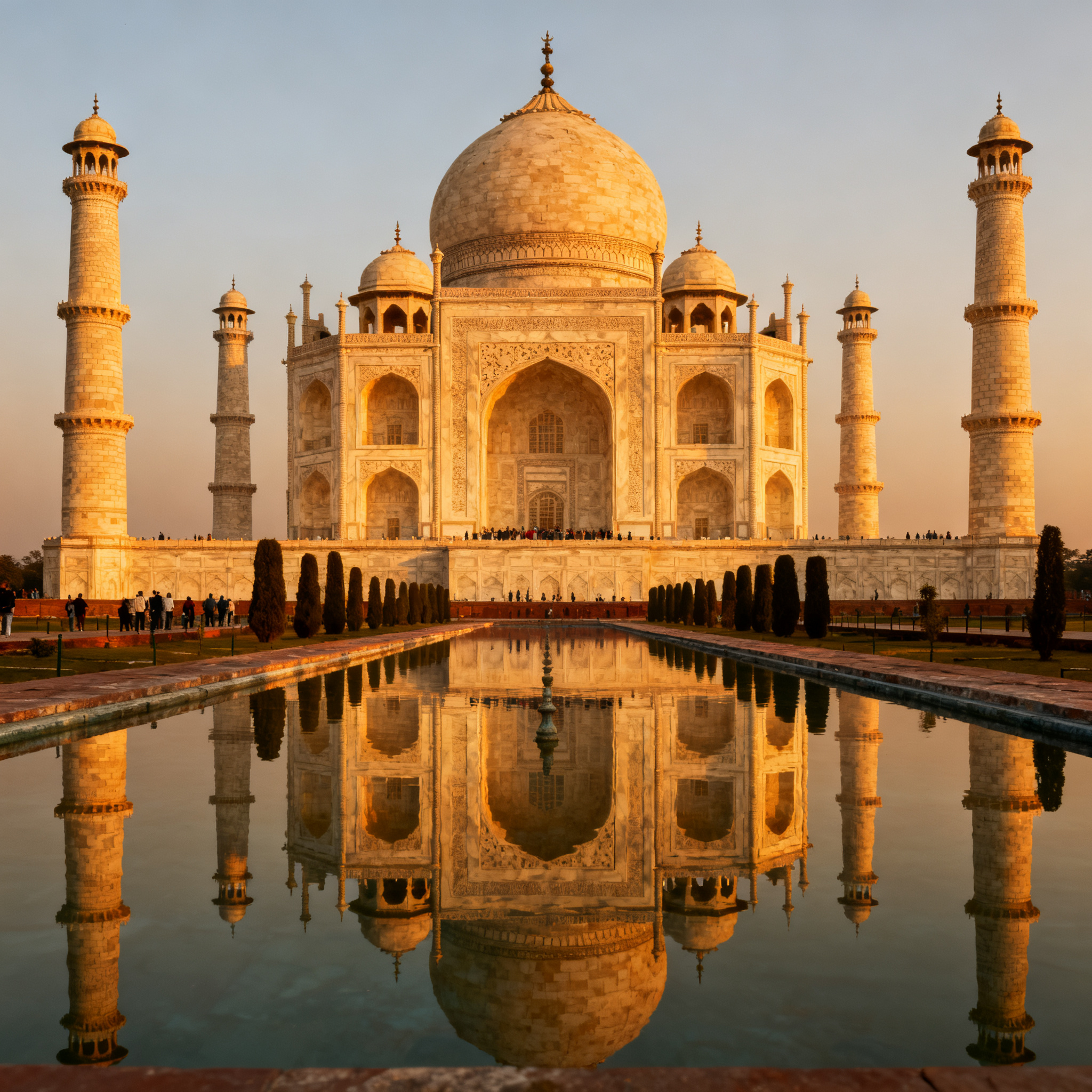 The Taj Mahal in Agra seen from the reflecting pool, with ac