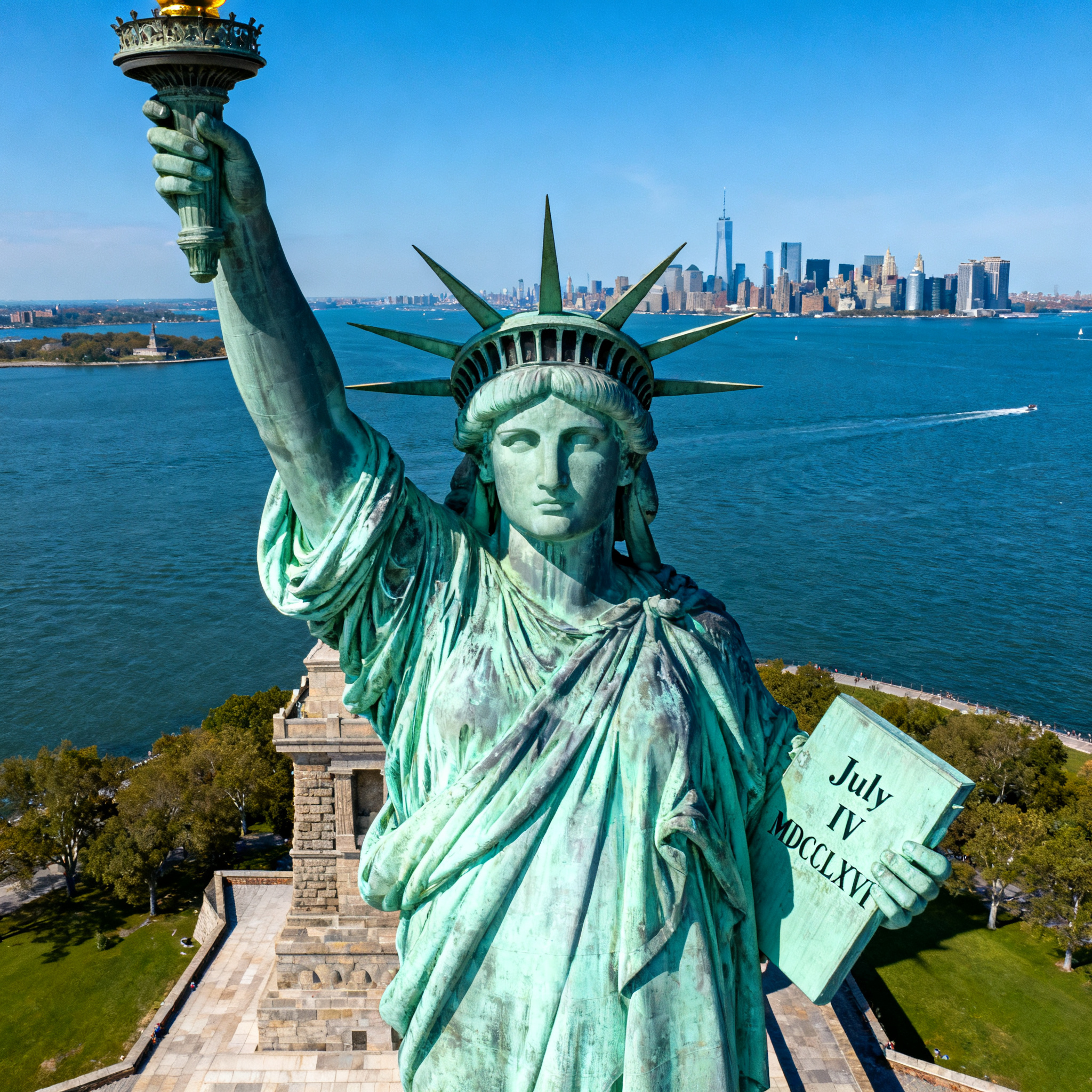 The Statue of Liberty on her island pedestal, with correct t