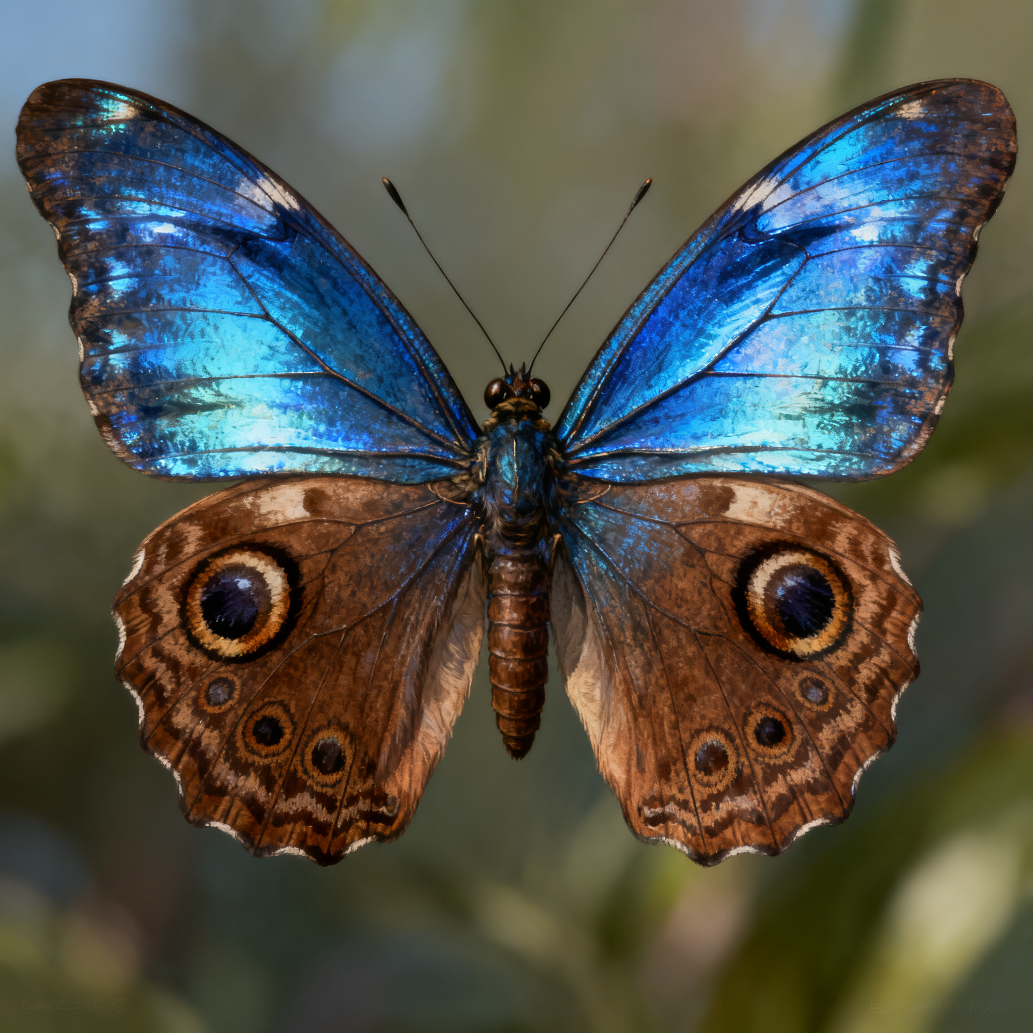 A Morpho menelaus butterfly with accurate iridescent blue do
