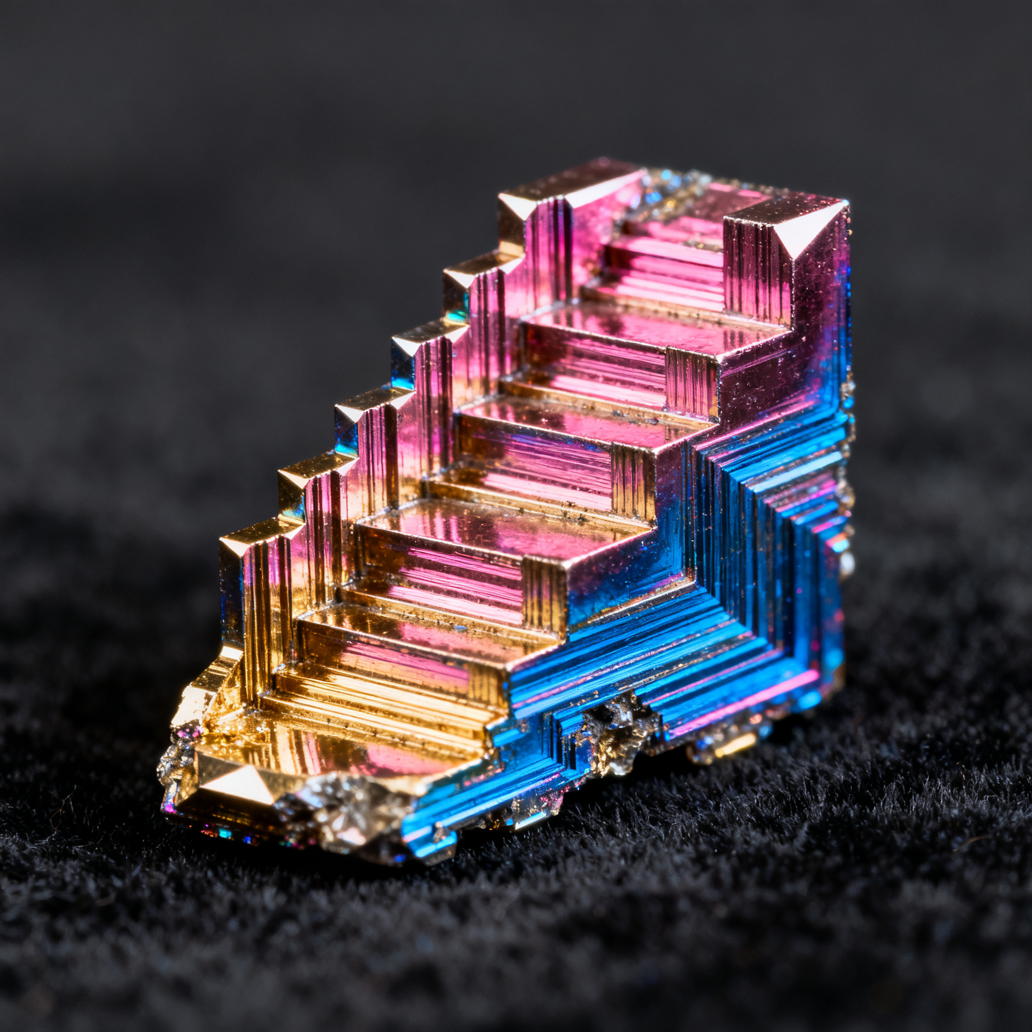 A specimen of bismuth crystal showing accurate iridescent ox