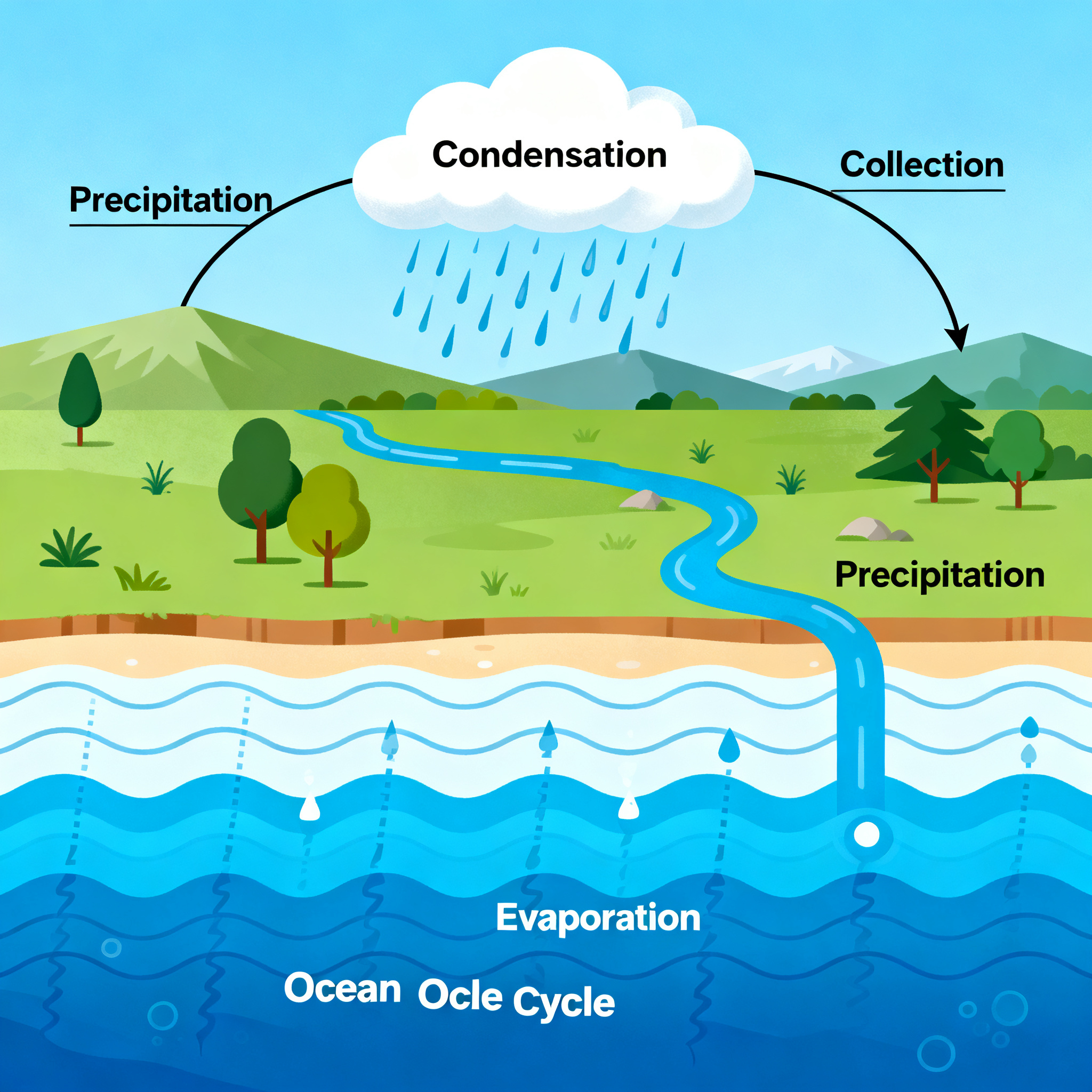 A detailed diagram of the water cycle showing evaporation fr