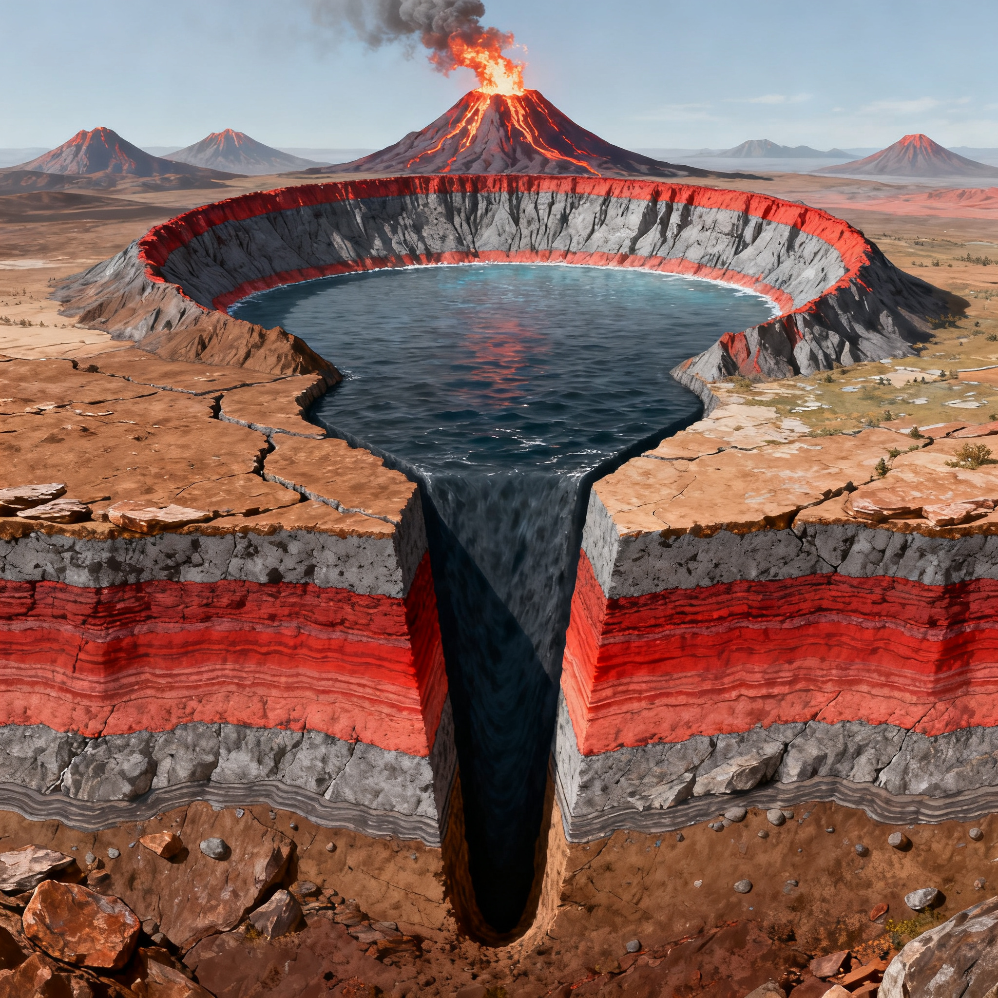 A cross-section showing tectonic plates at a convergent boun