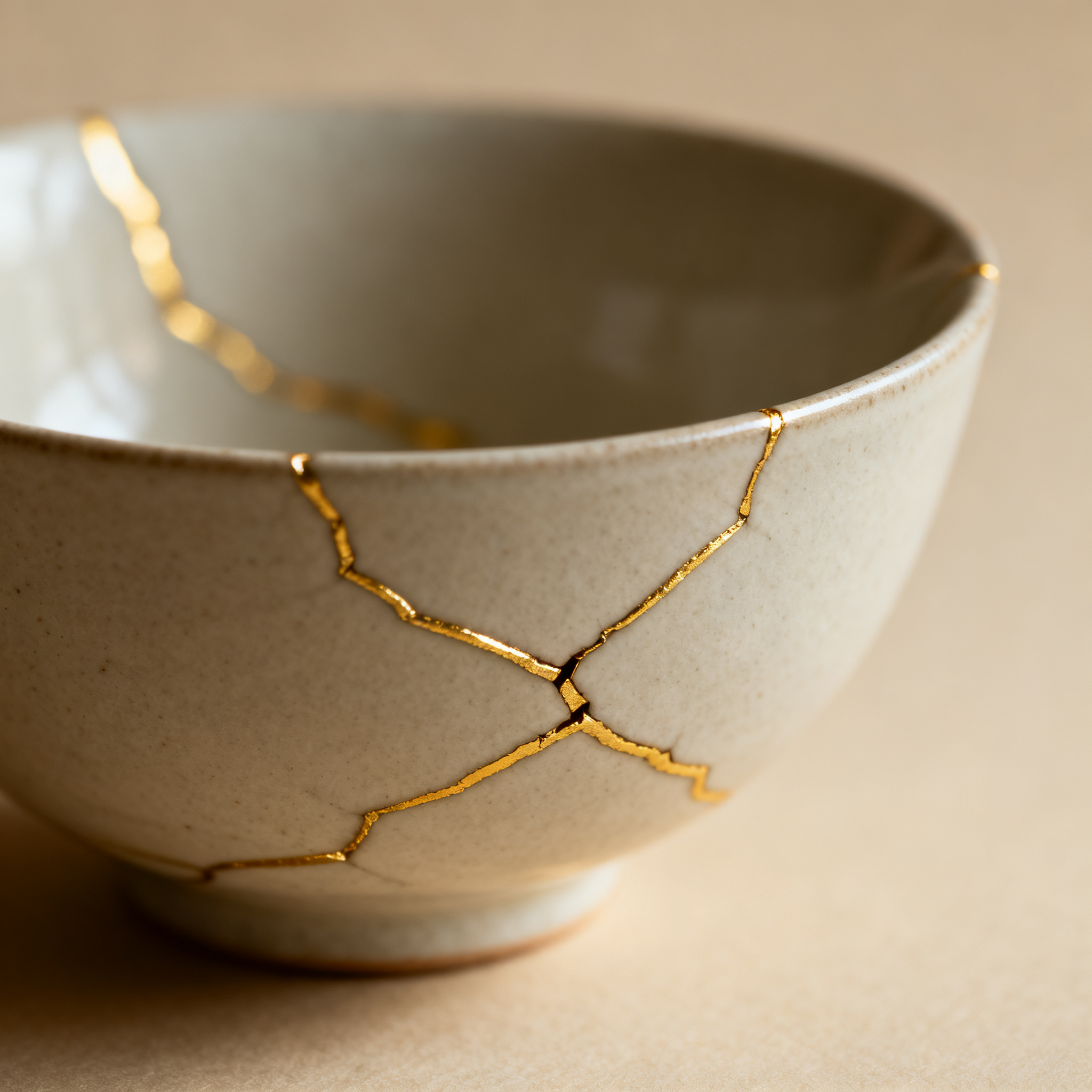 A Japanese kintsugi bowl — cracked ceramic repaired with vis