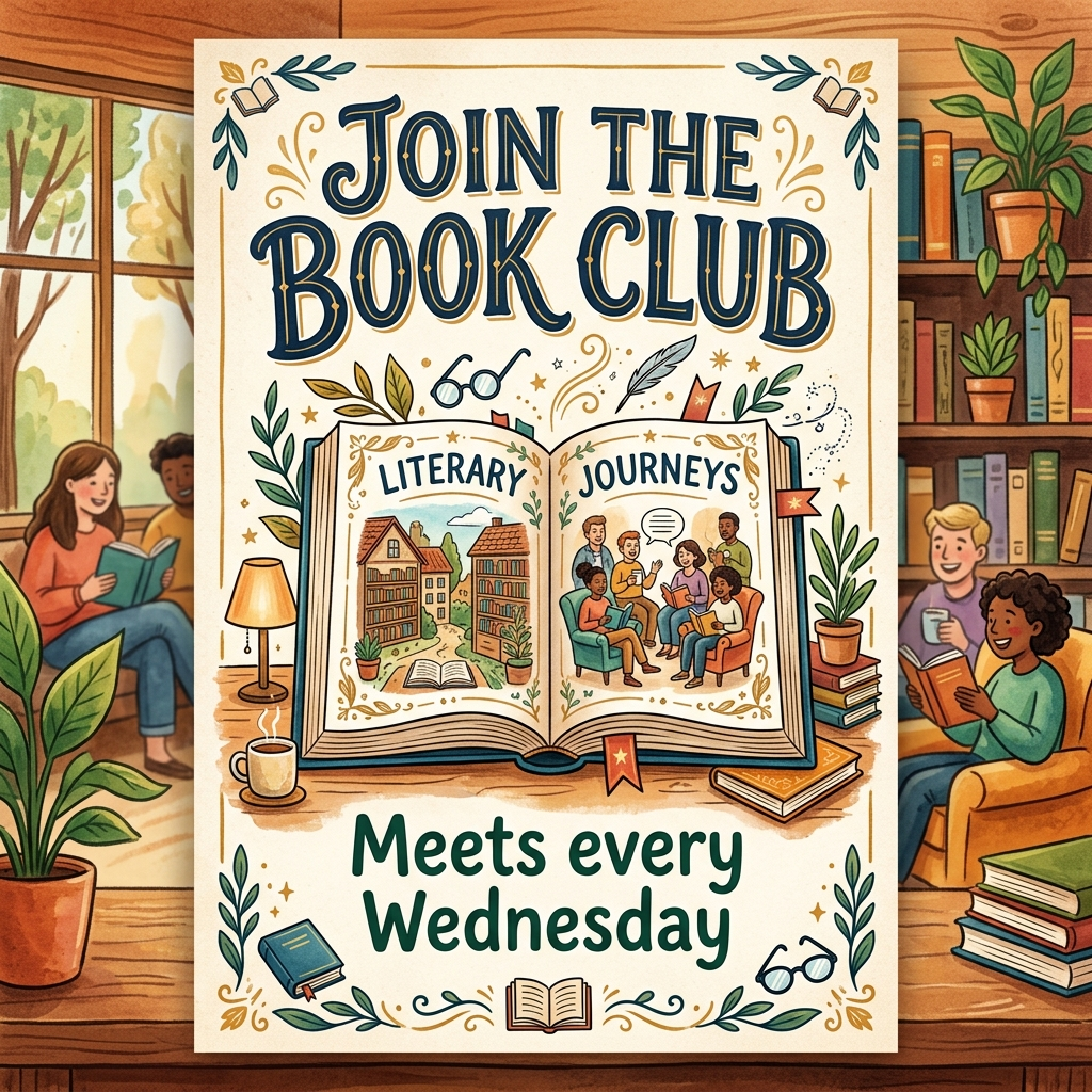 A book club poster with an open book illustration, the title