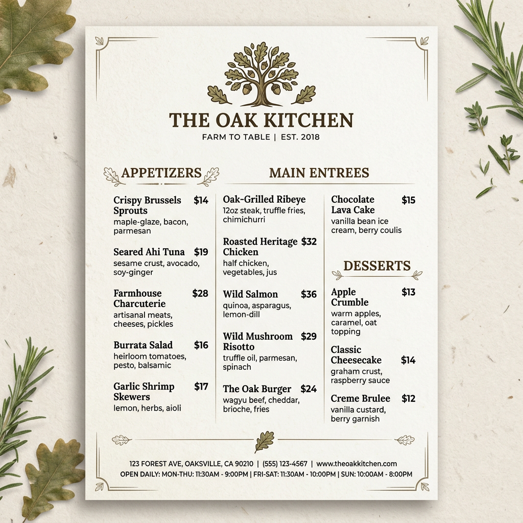 A restaurant menu layout with a logo header, three category 