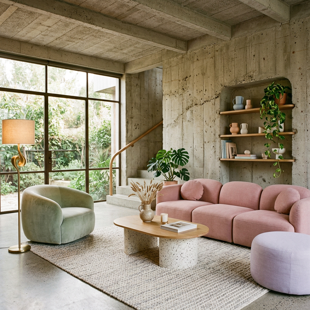 An interior scene rendered in soft brutalism — raw concrete 