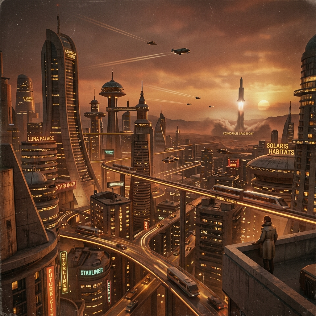 A cityscape rendered in nostalgic futurism — retro-futuristi