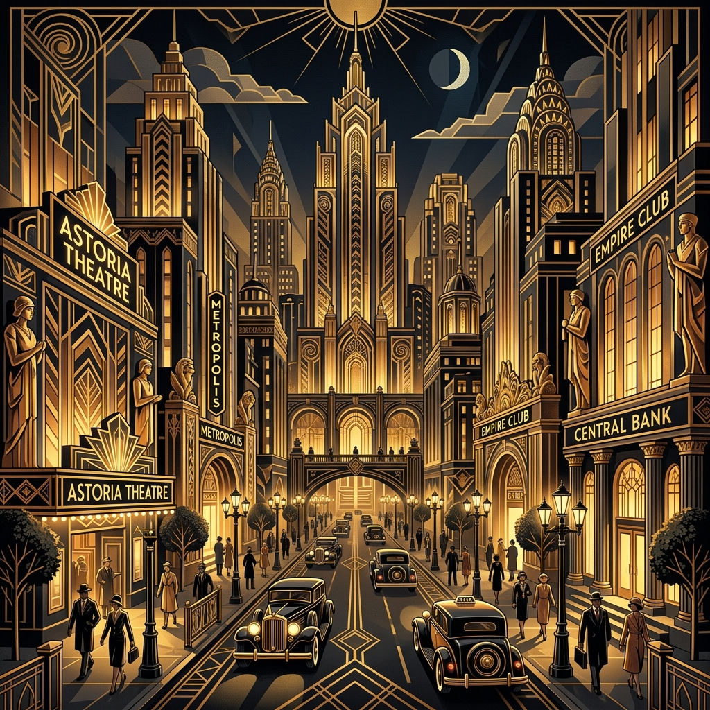 A city street scene in the style of Art Deco — geometric sha