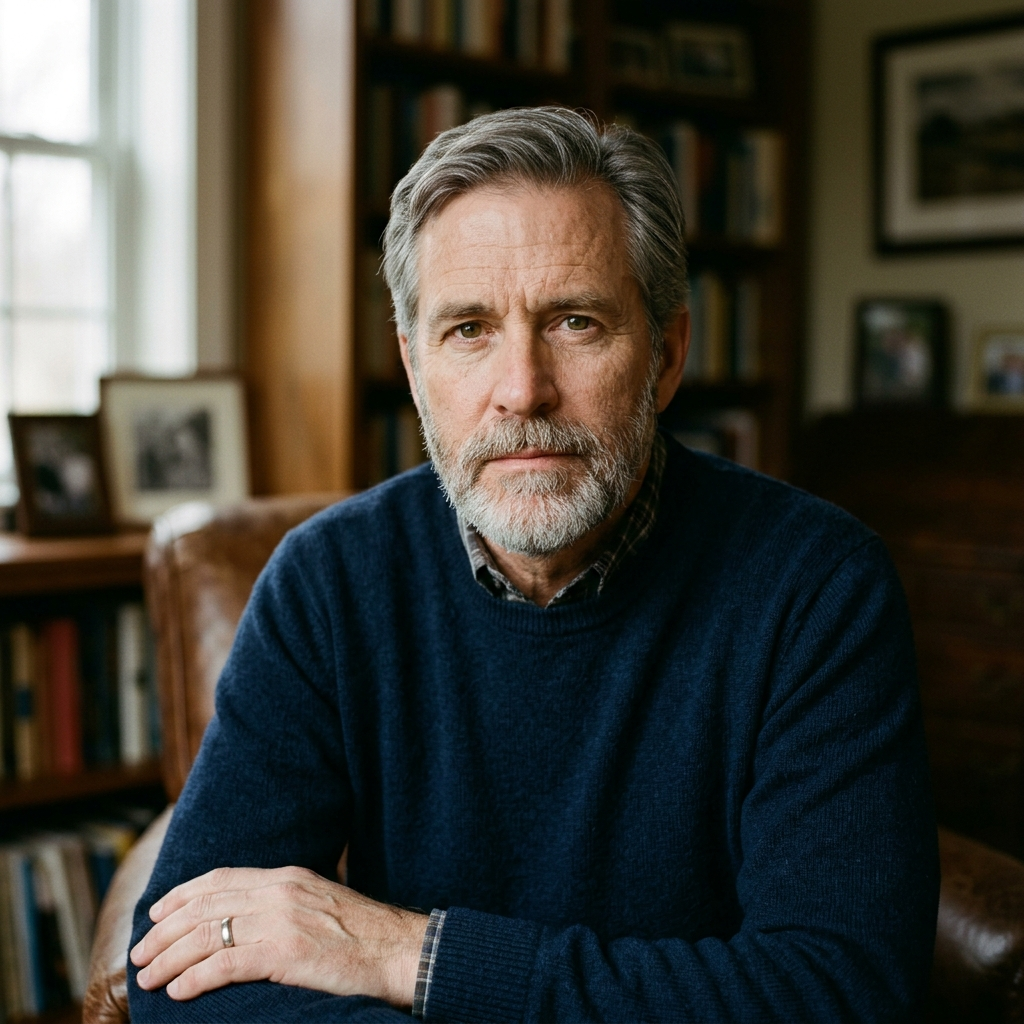 A portrait of a middle-aged man with a calm, serious express